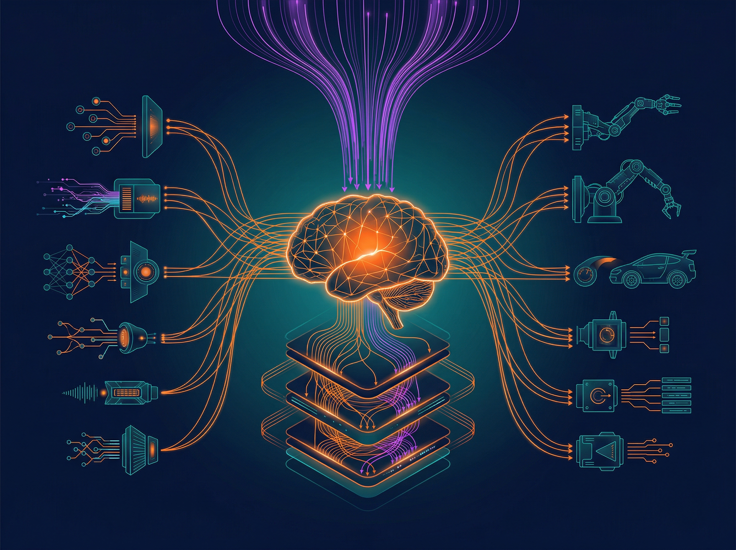 AI Agent Development — AI agent architecture with neural pathways connecting sensors to actuators