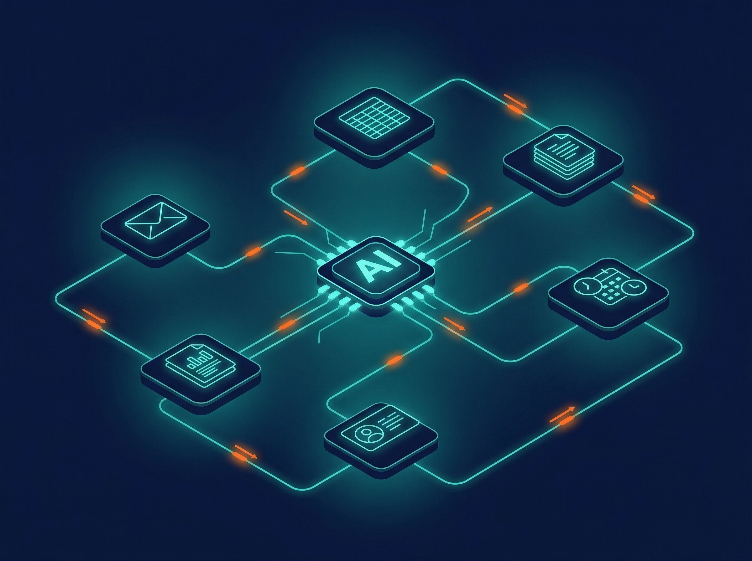 AI Automation Services — six business process nodes connected by automated data streams flowing through a central AI hub
