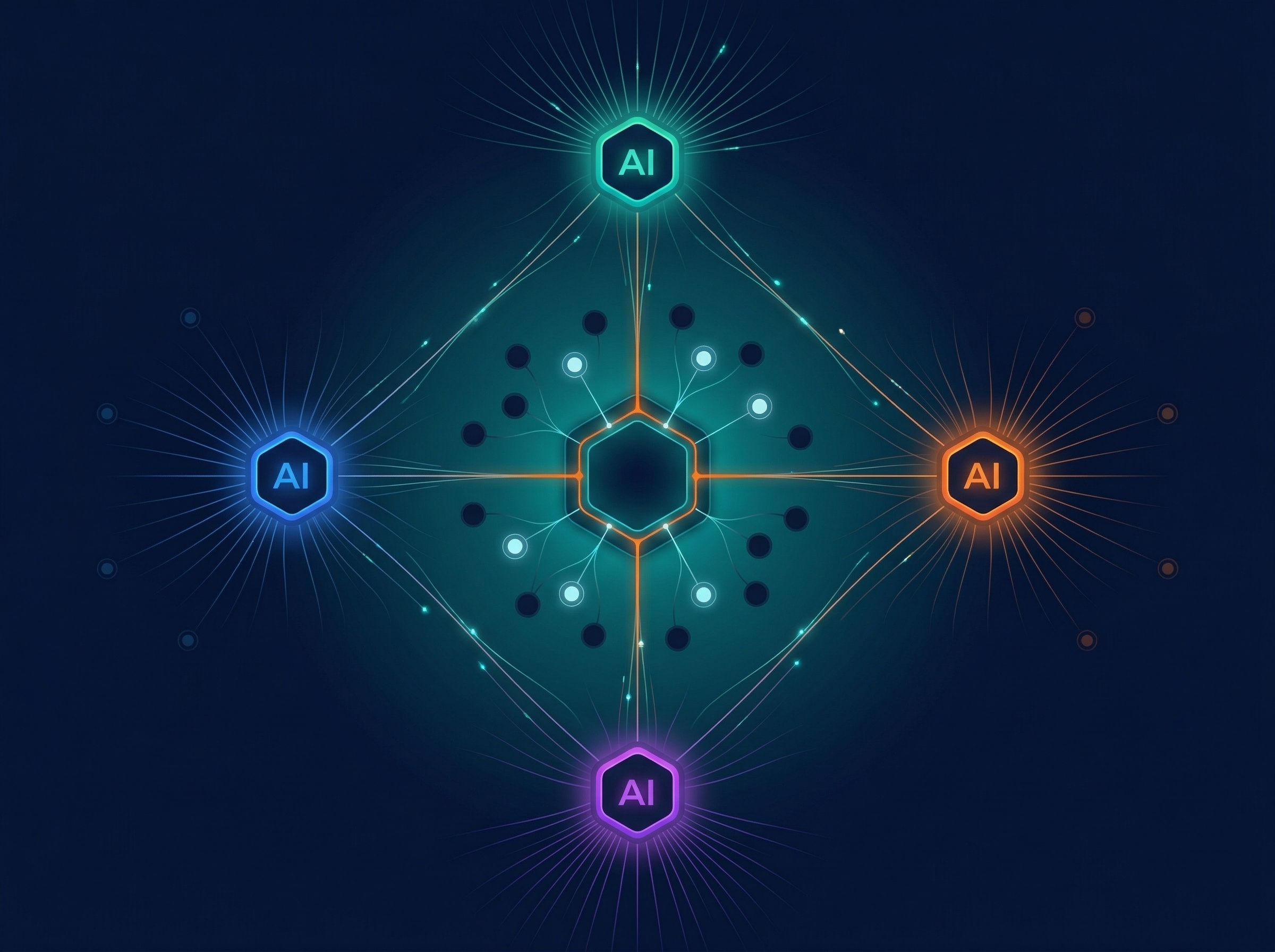 AI Search Optimisation — network map of four AI engine nodes with brand citation signals flowing to a central presence indicator
