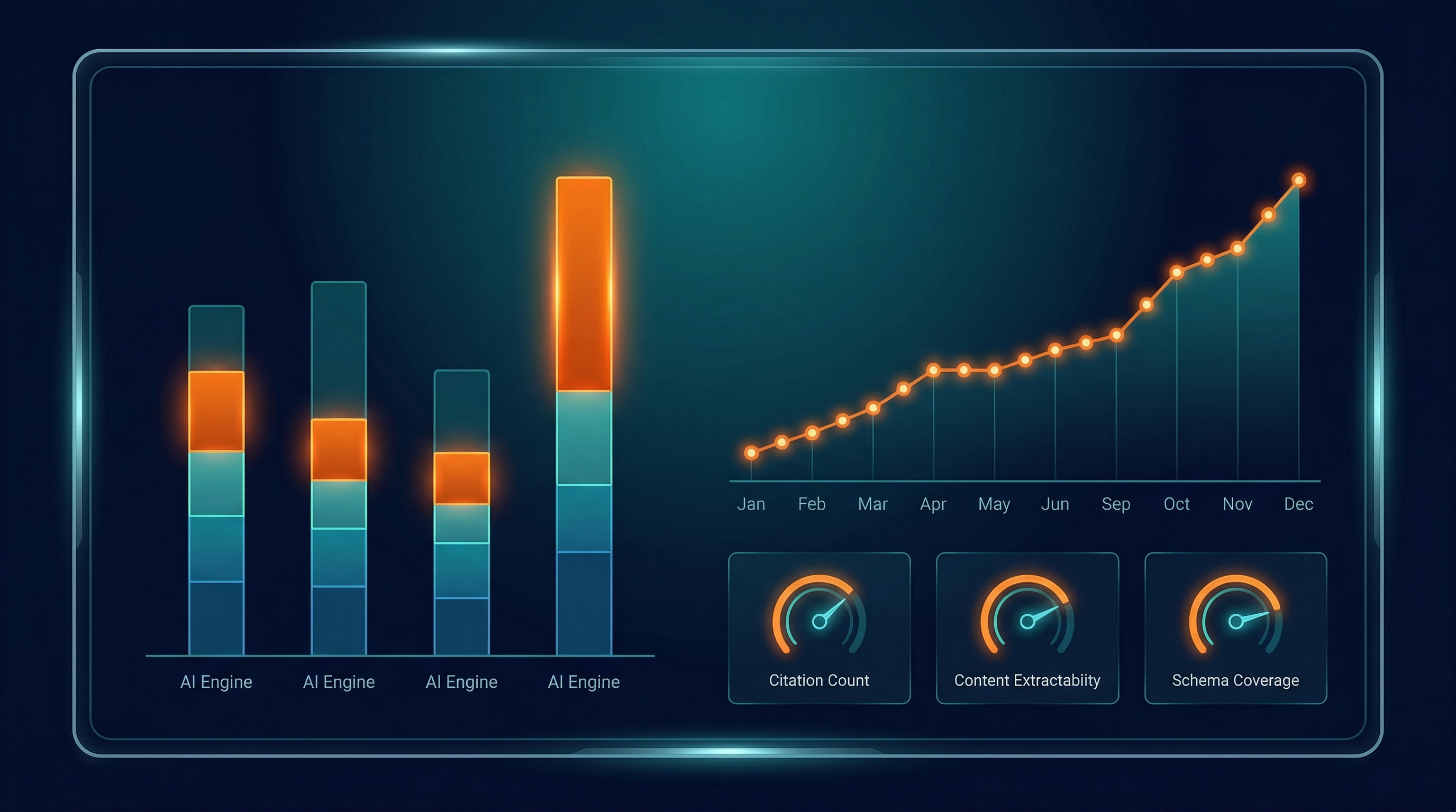 AI Search Optimisation — Share of Model comparison chart showing brand visibility across four AI engines with monthly trend data