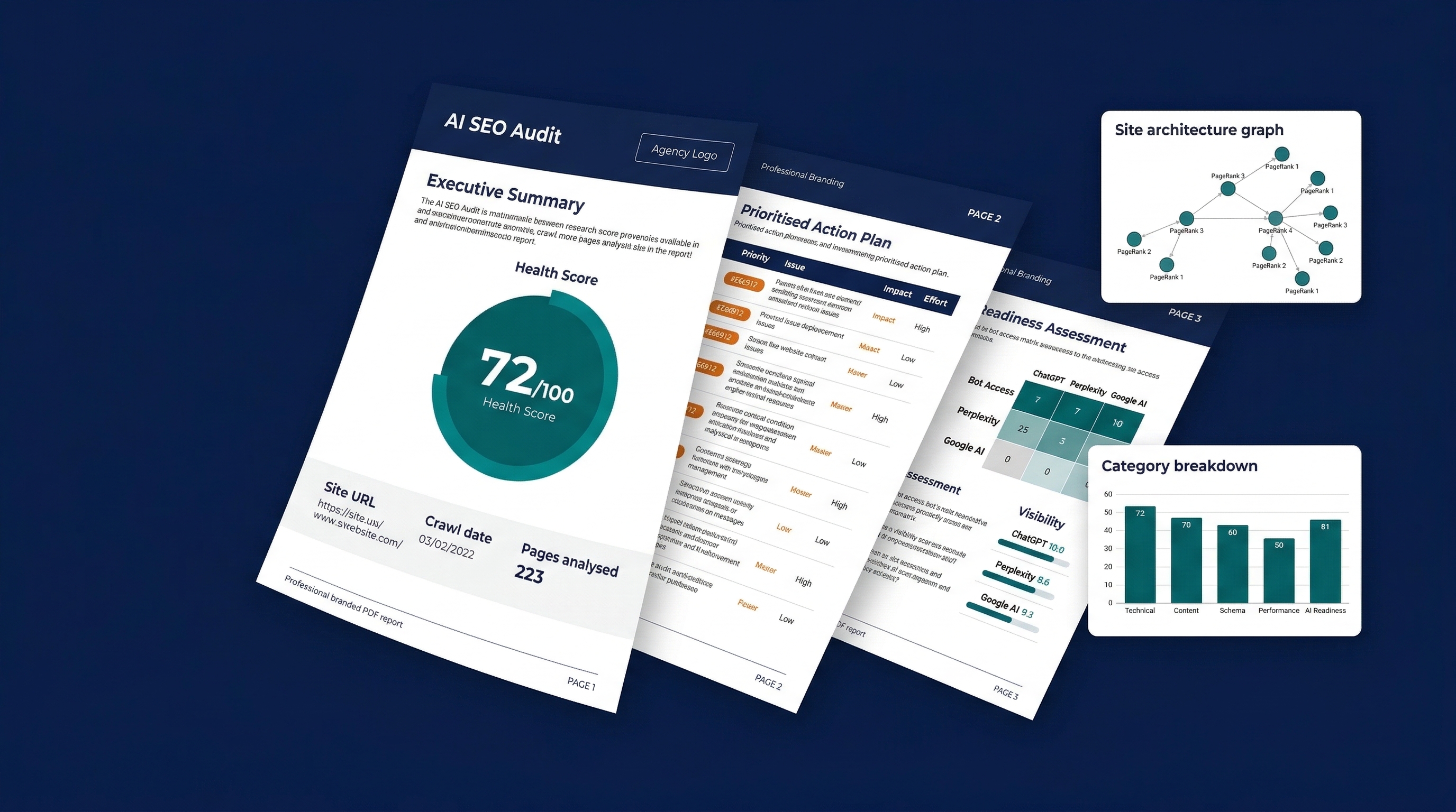 Automated SEO audit branded PDF report showing health score, priority actions, site architecture graph, and AI readiness data
