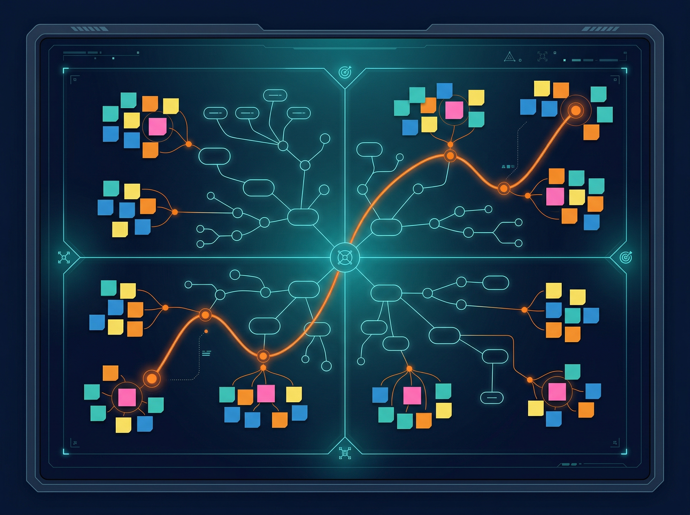 AI Strategy Workshop — strategic planning canvas with innovation pathway and decision frameworks
