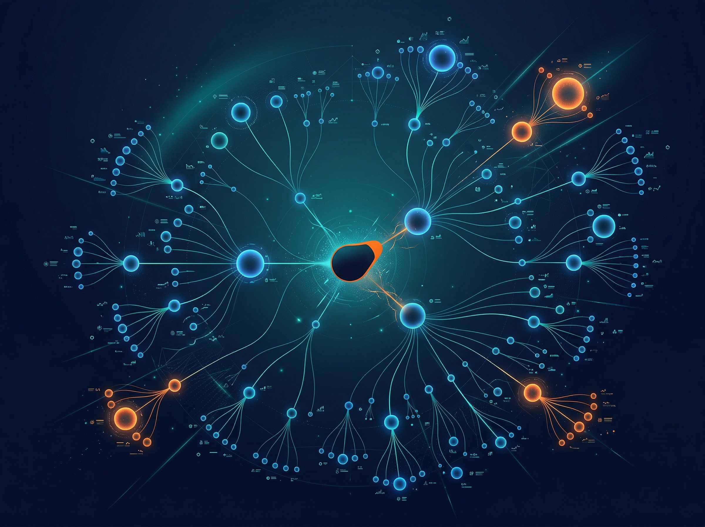 Automated Keyword Research — AI keyword discovery engine branching from seed terms into semantic clusters