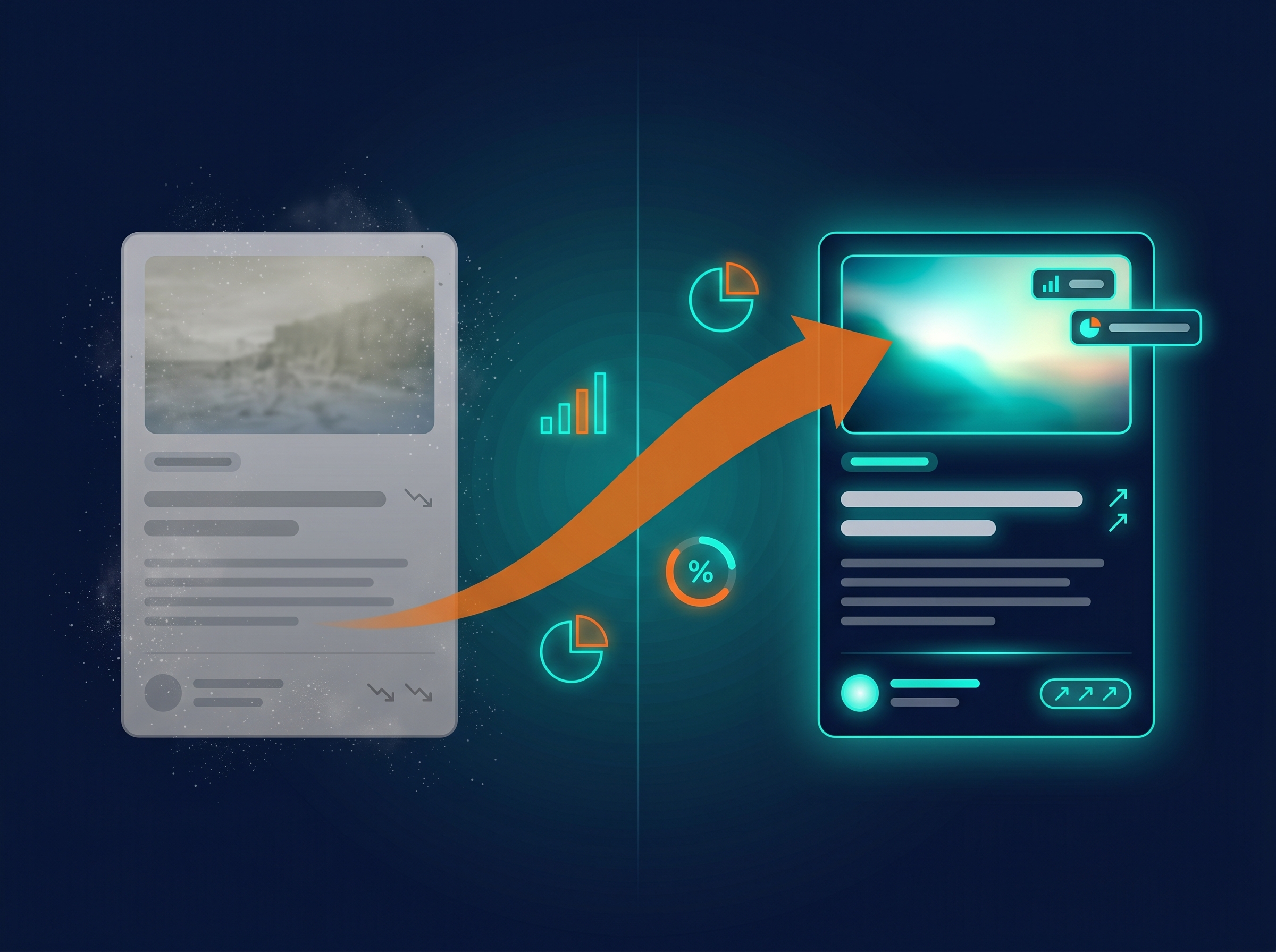 Blog Content Updater — split comparison showing faded old blog post being transformed into vibrant refreshed content with rising trend indicators