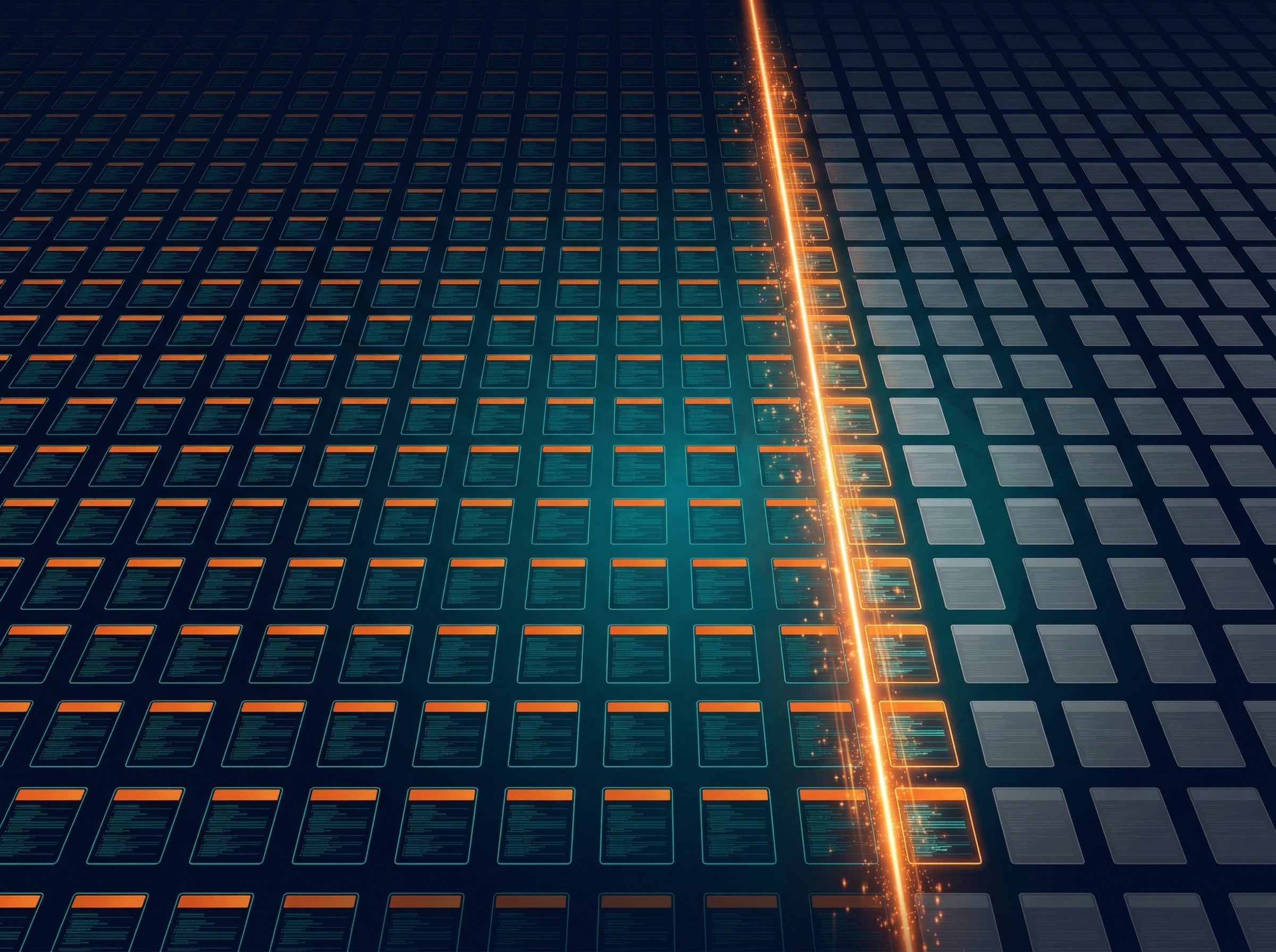 Bulk Meta Automation — hundreds of page cards being processed by an AI scanning beam, transforming grey unoptimised pages to glowing optimised ones