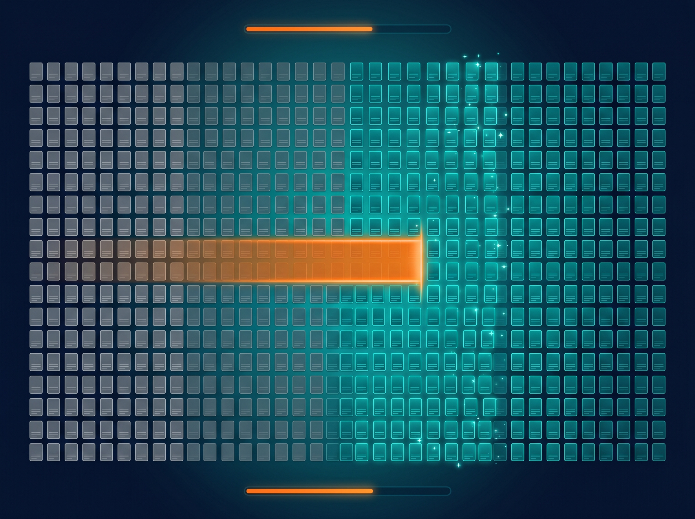 Bulk Meta Tag Optimiser — massive grid of page cards being processed in a wave by an orange scanning beam