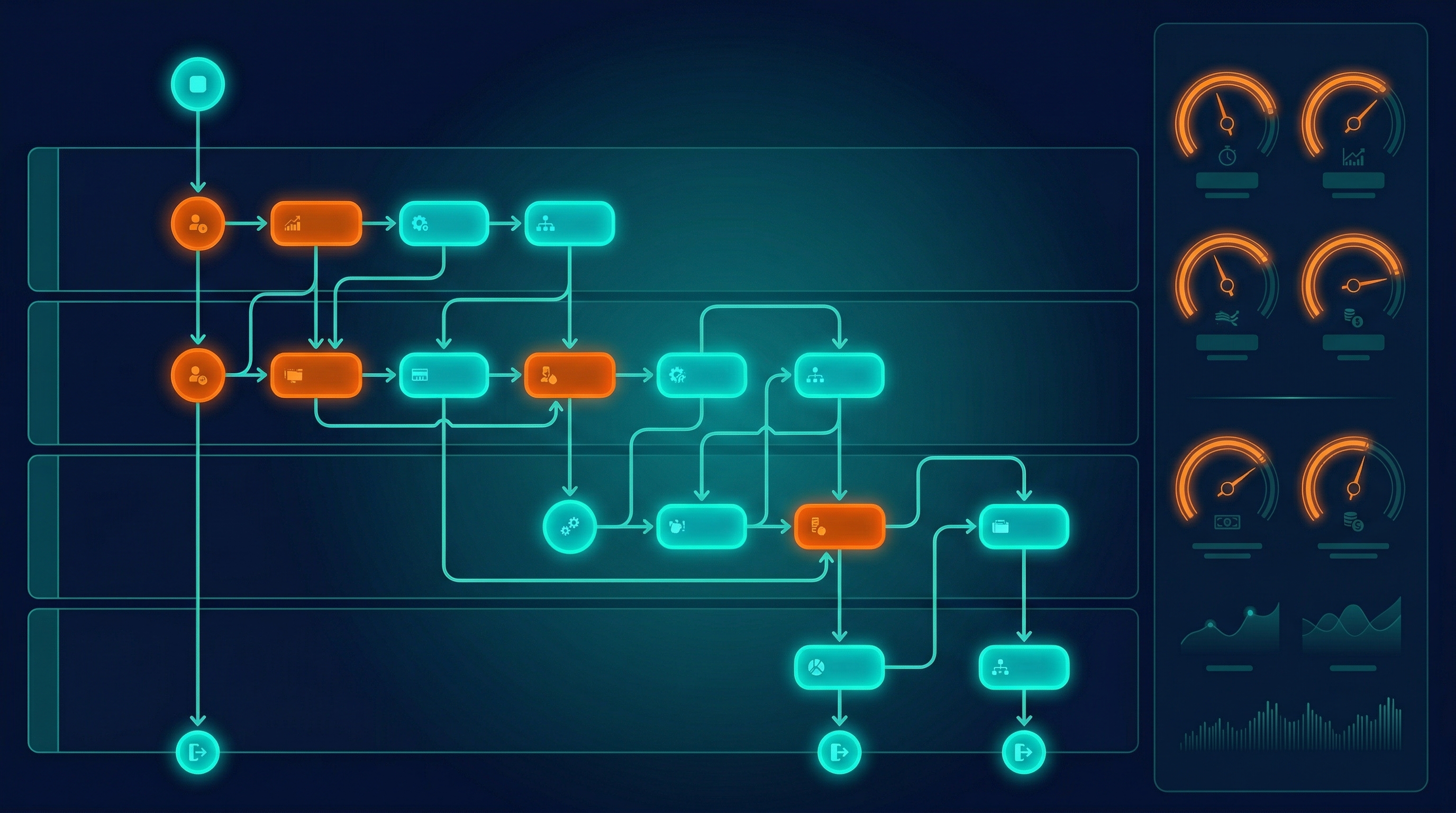 Business Process Automation — business process audit with department swim lanes and efficiency heat mapping