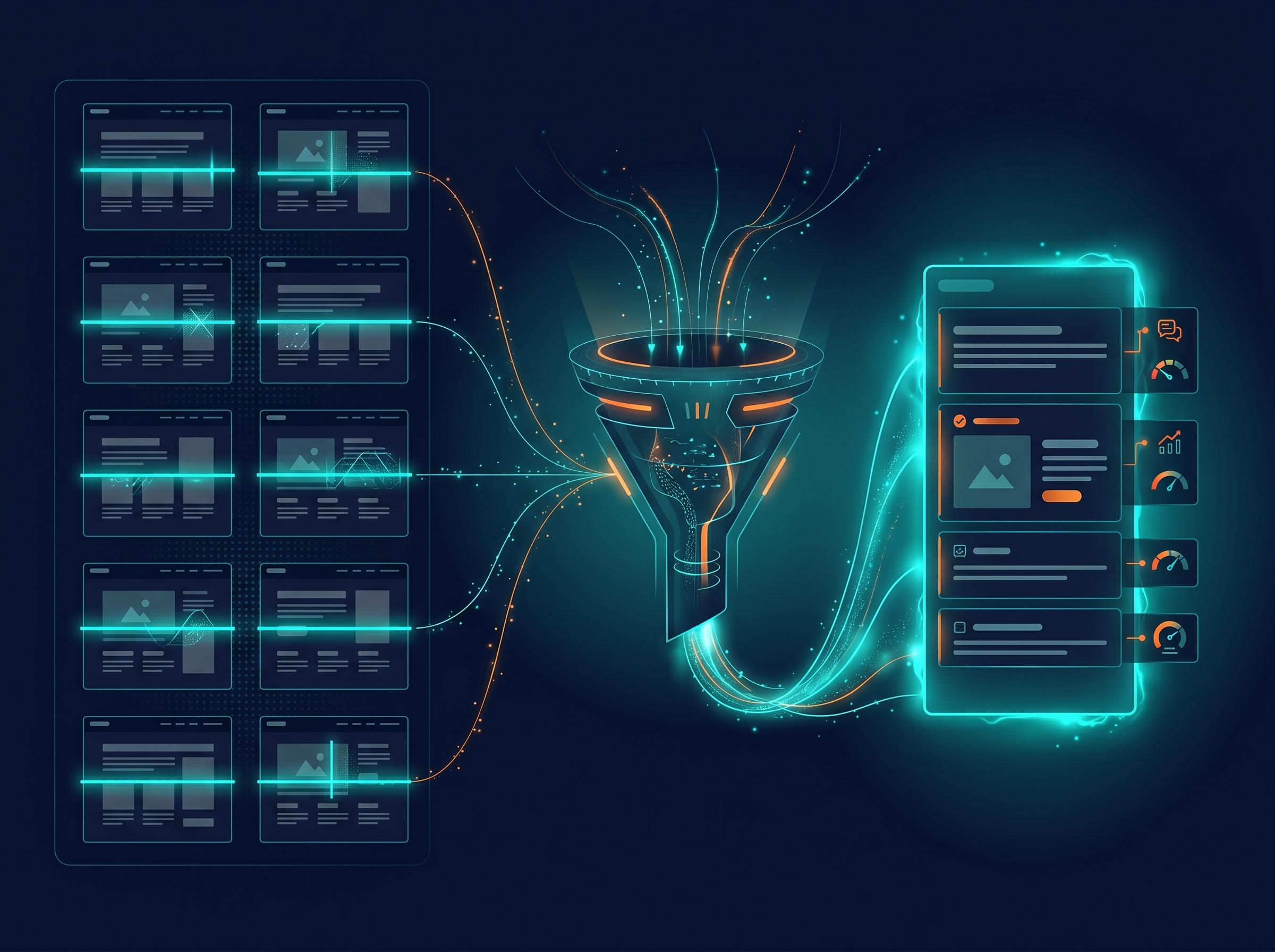 Intelligent Content Creator — research pipeline showing competitor analysis converging into a finished article with quality indicators