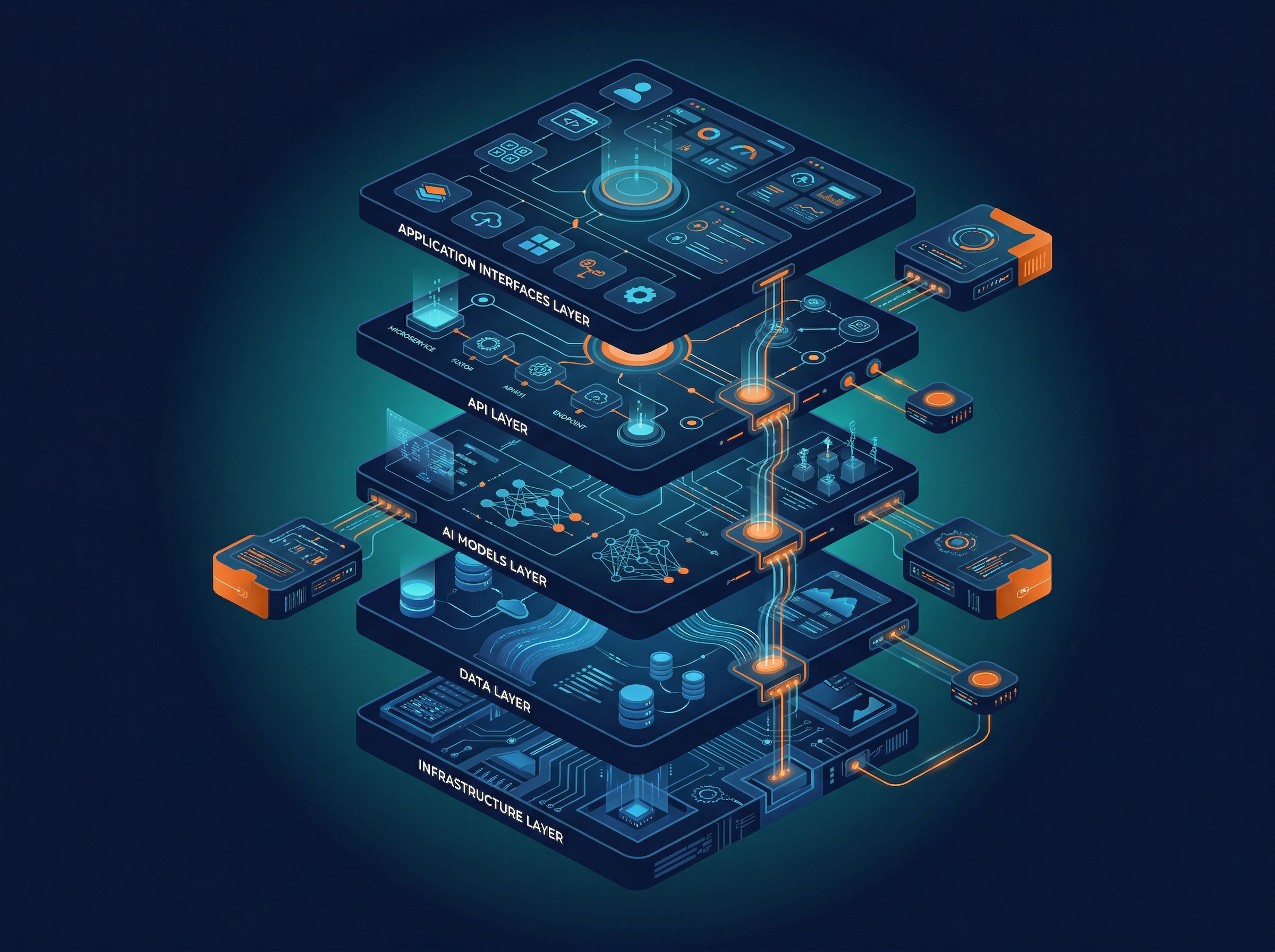 Custom AI Automation Systems — layered enterprise AI system architecture with infrastructure and API layers