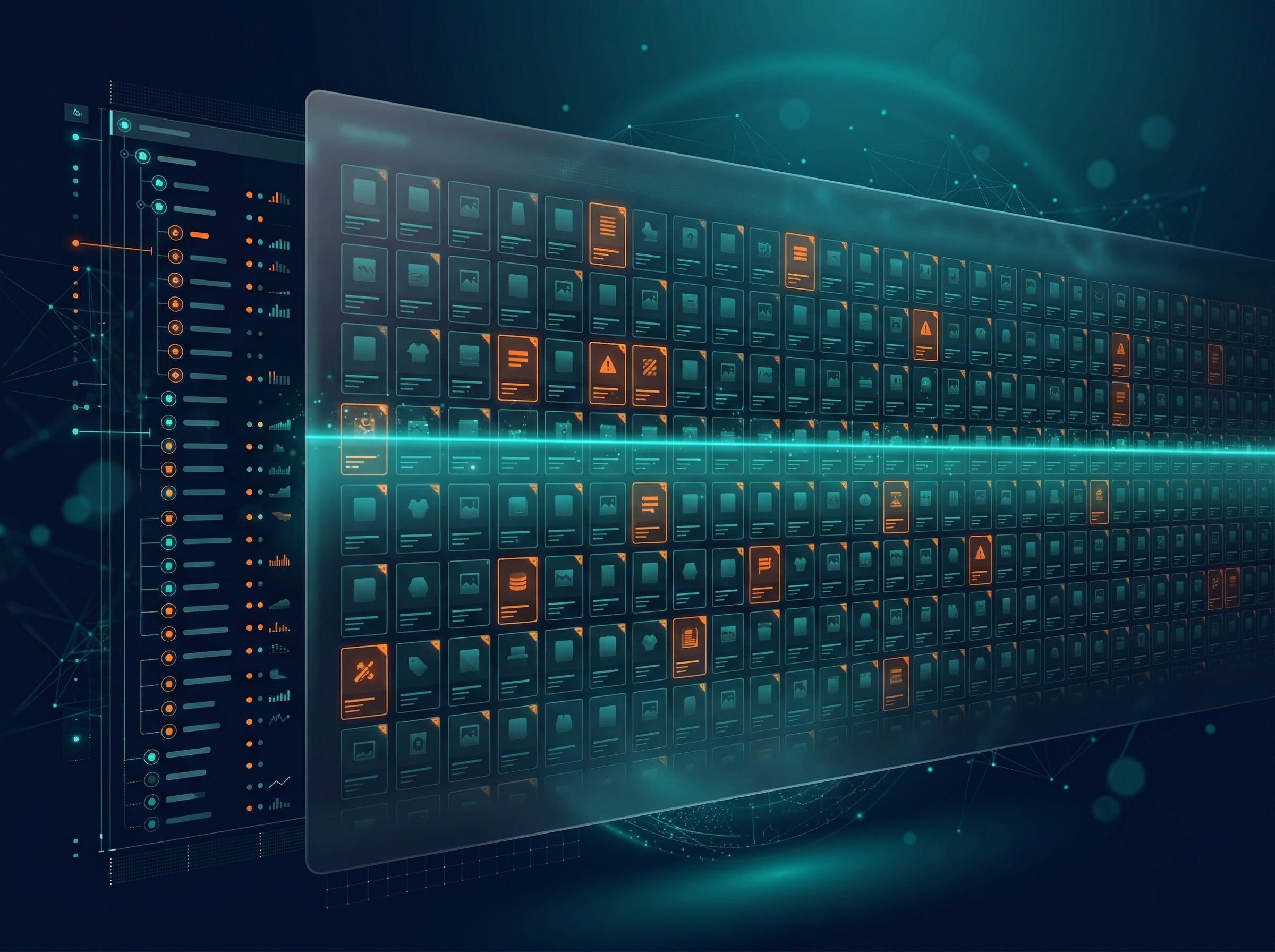 Ecommerce SEO Audit — product catalogue grid being analysed by AI scanning system