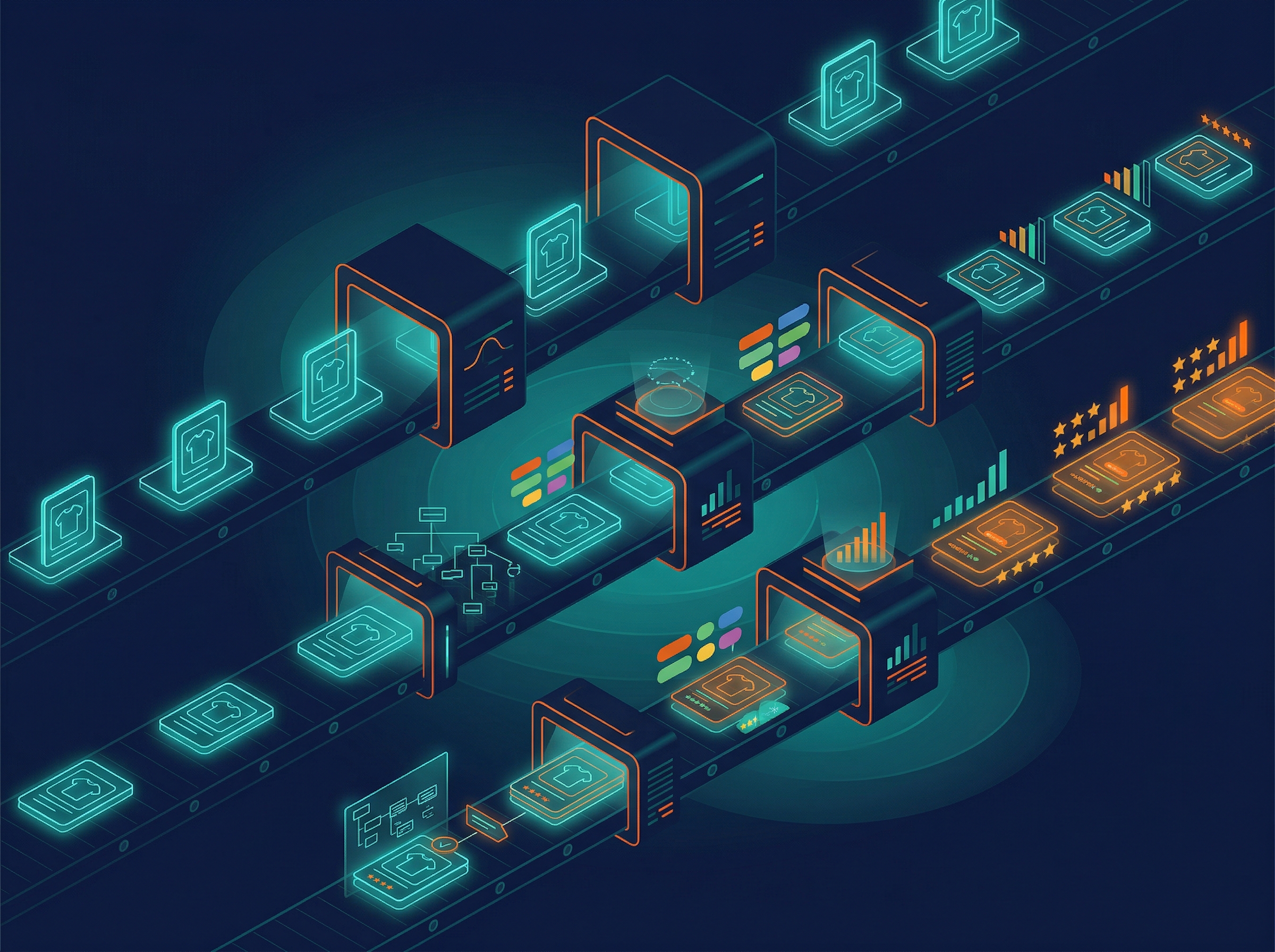 Ecommerce SEO Automation — product catalogue SEO pipeline processing items through automated metadata enhancement
