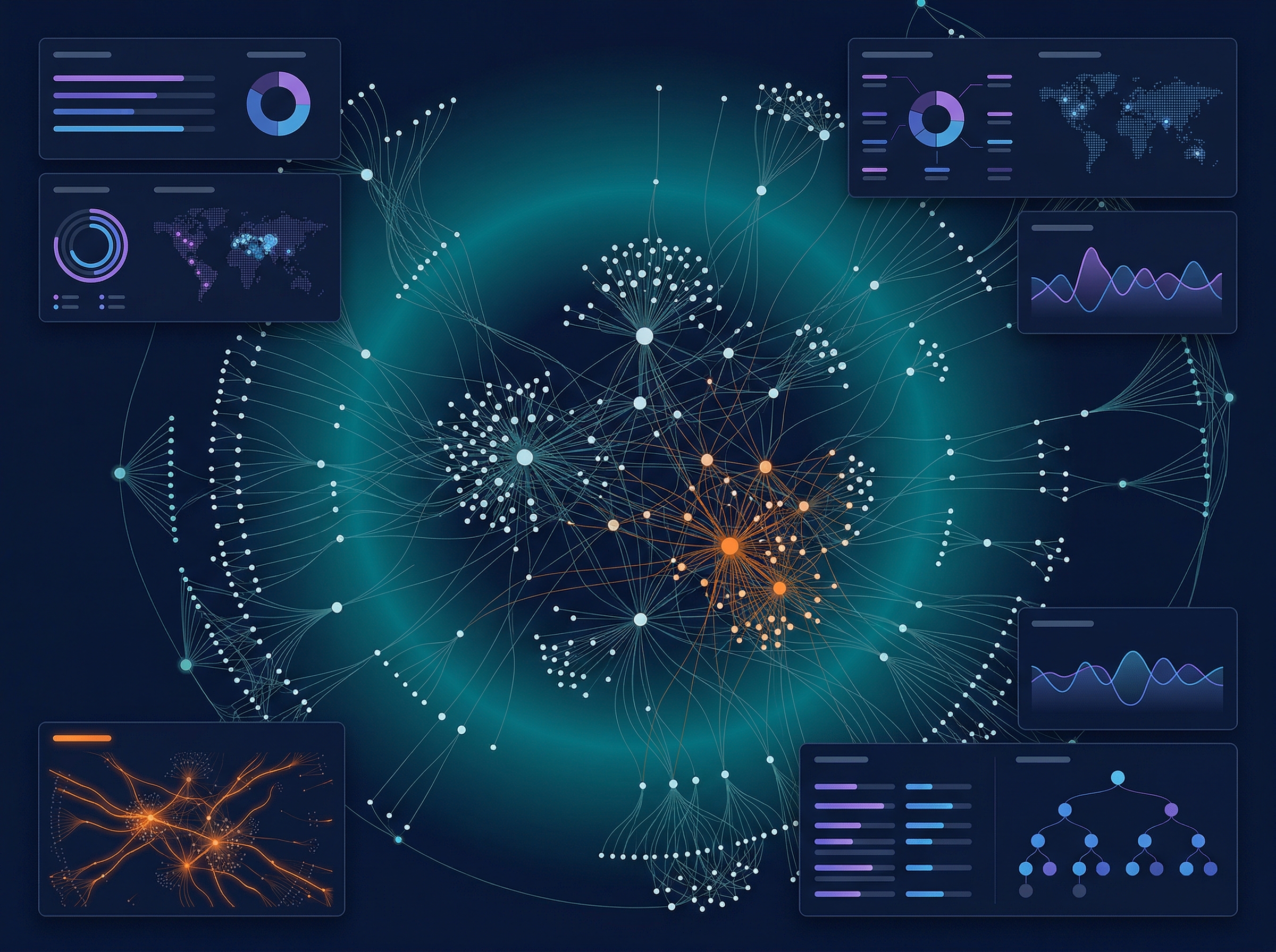 Enterprise SEO Audit — massive network graph of pages, subdomains, and analysis layers