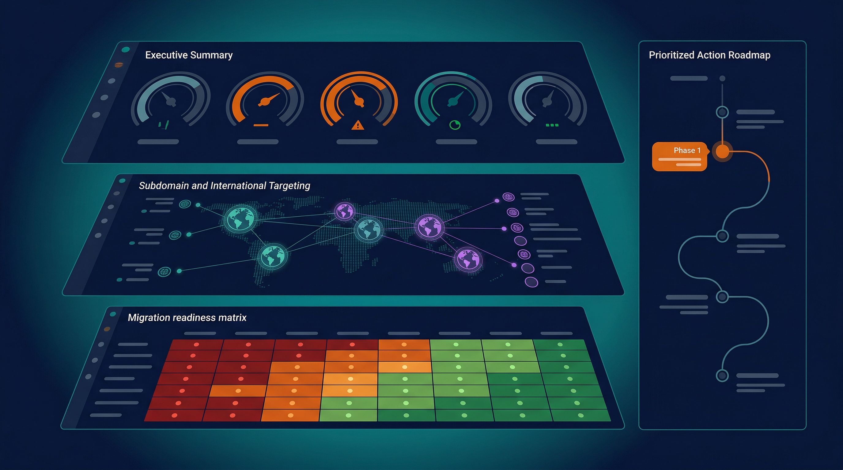 Enterprise SEO Audit — executive KPI dashboard, international targeting, and migration readiness