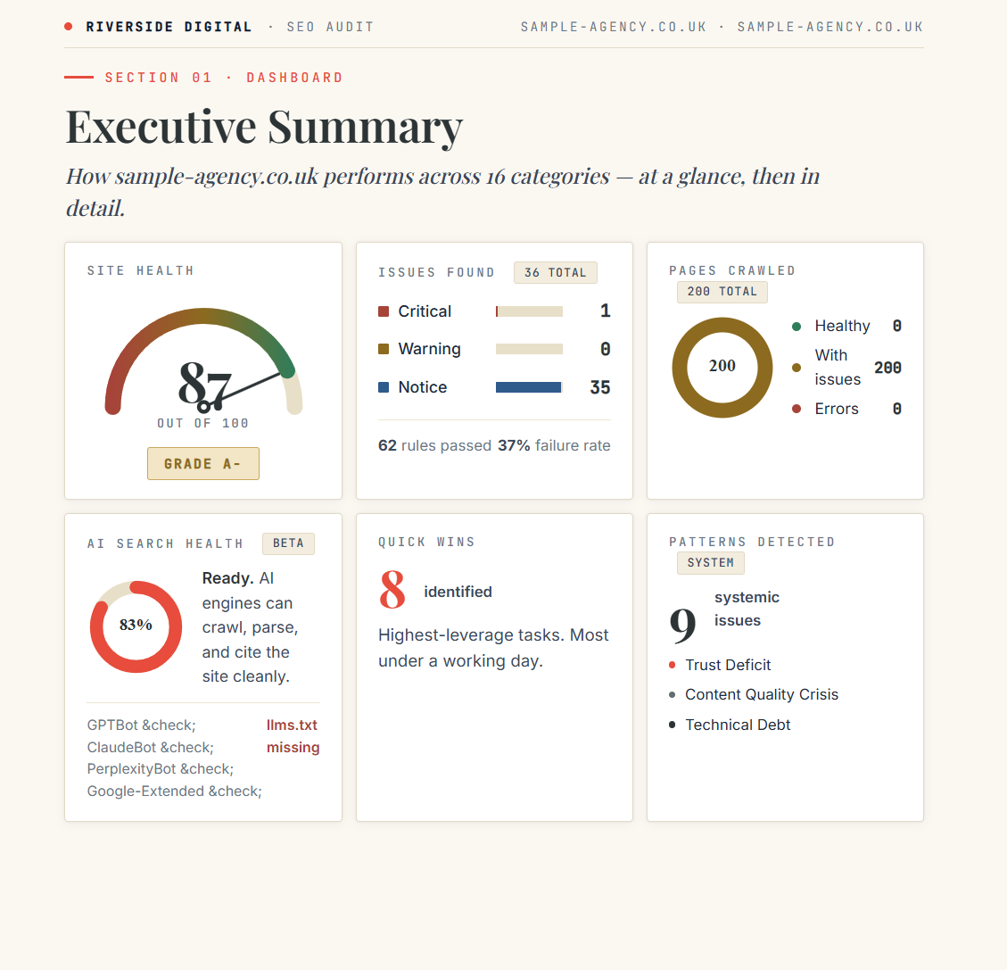 Prospect Audit executive summary, health score gauge, issues found, pages crawled, AI readiness, quick wins