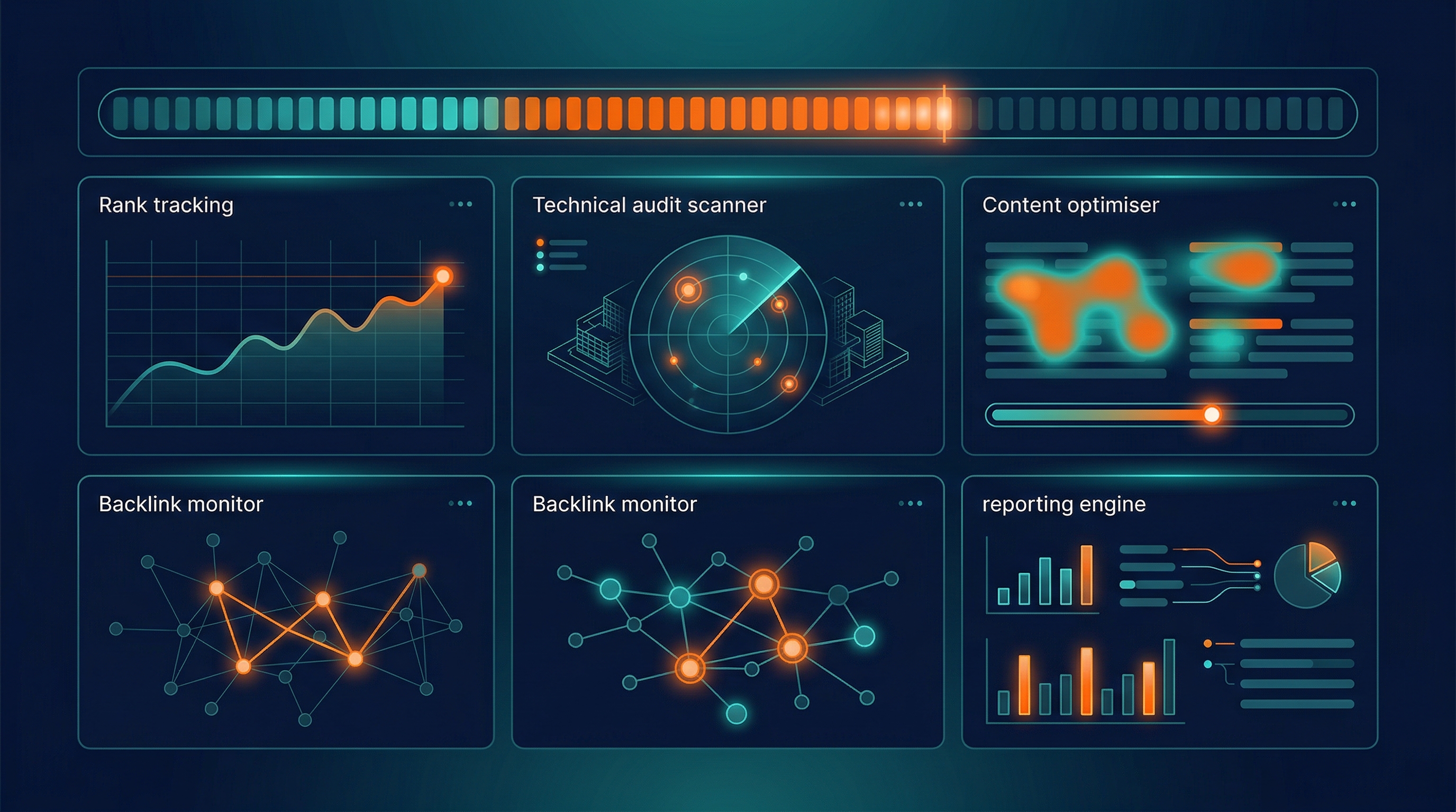 In-House SEO Automation — in-house SEO automation toolkit dashboard with tool modules and health gauge