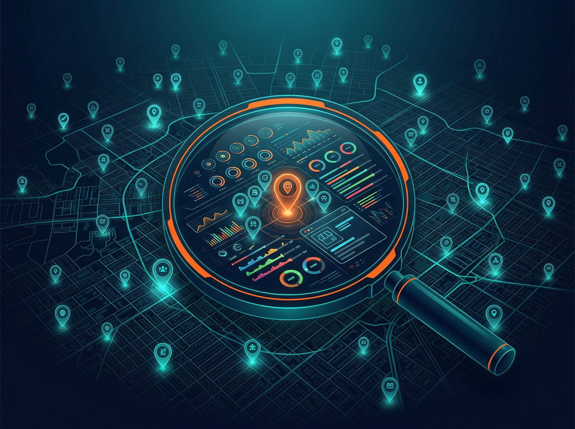 Local SEO Audit — city map with glowing business location pins and audit dashboard