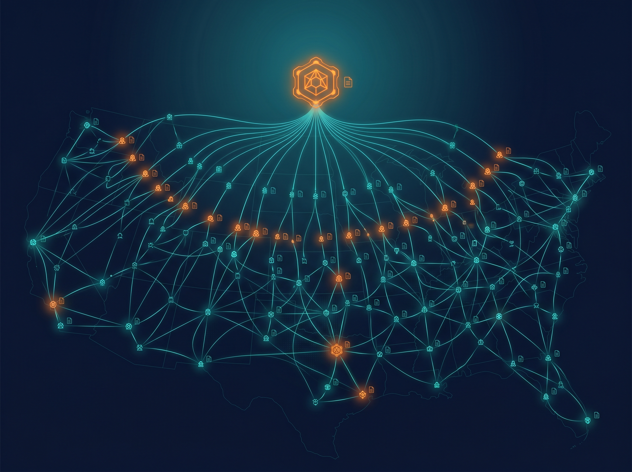 Location Page Network — geographic expansion showing county hub branching into dozens of interconnected town nodes