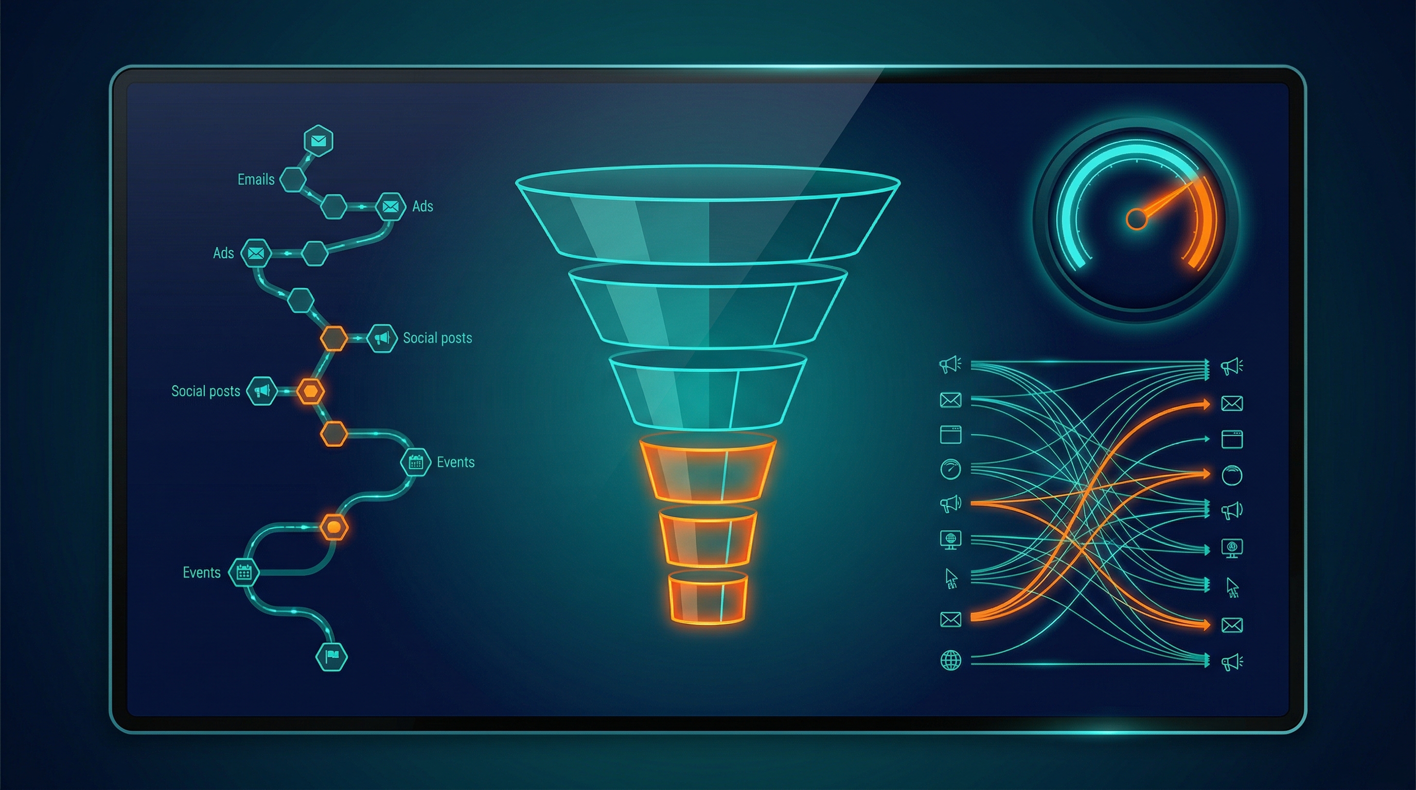 Marketing Automation Systems — marketing funnel performance dashboard with conversion stages and attribution paths