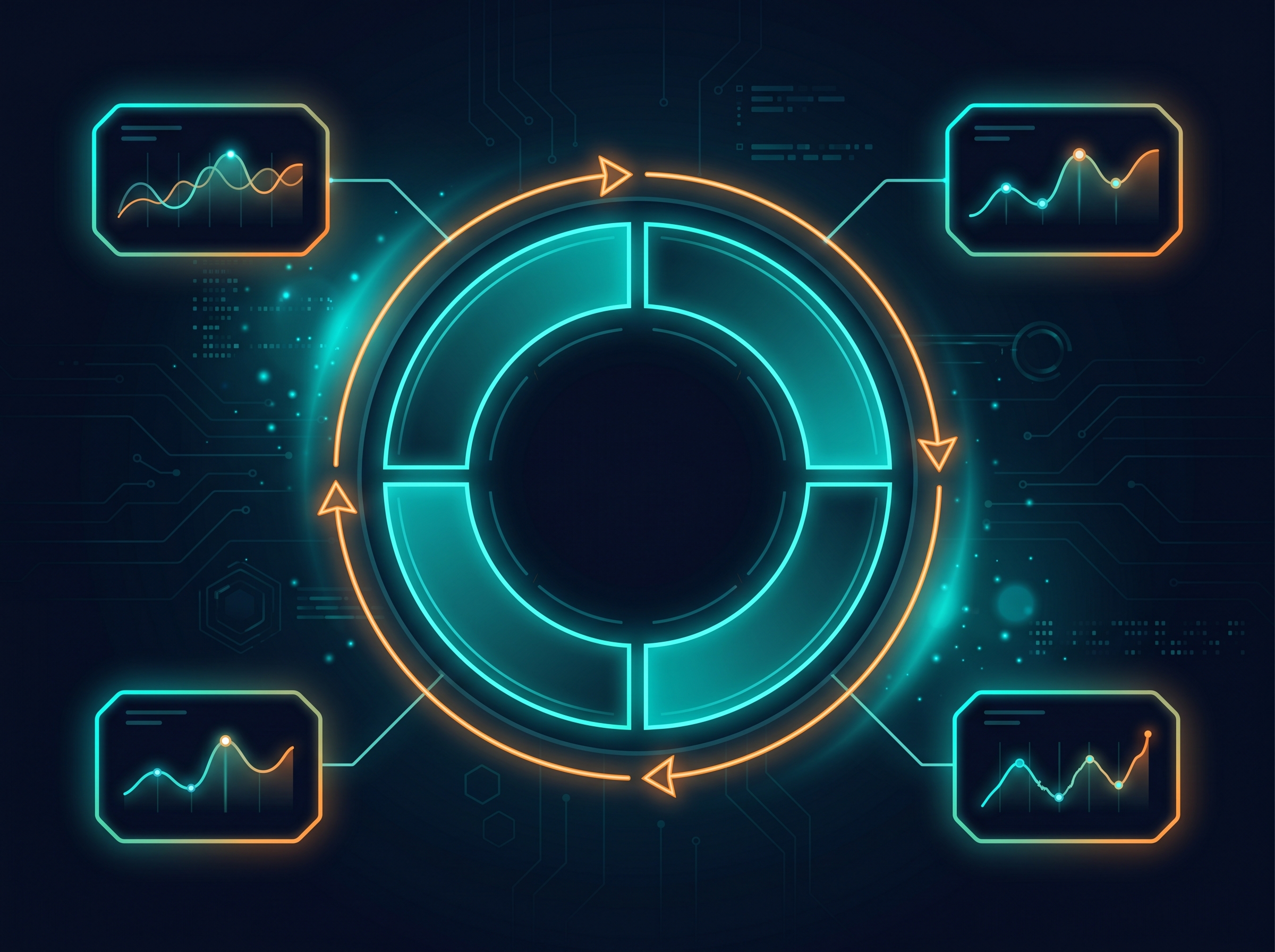 Futuristic dashboard showing the monthly SEO management cycle, four deliverable stages connected by a continuous workflow ring