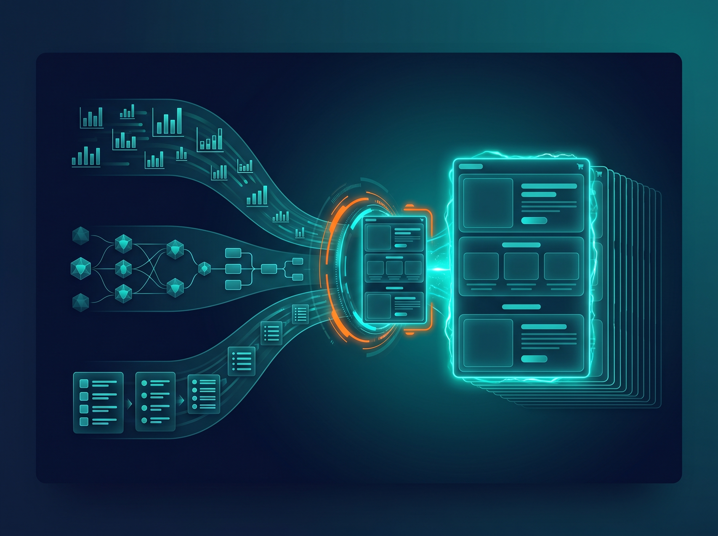 Product Page Writer — research data streams converging into an assembly zone where complete product page cards materialise