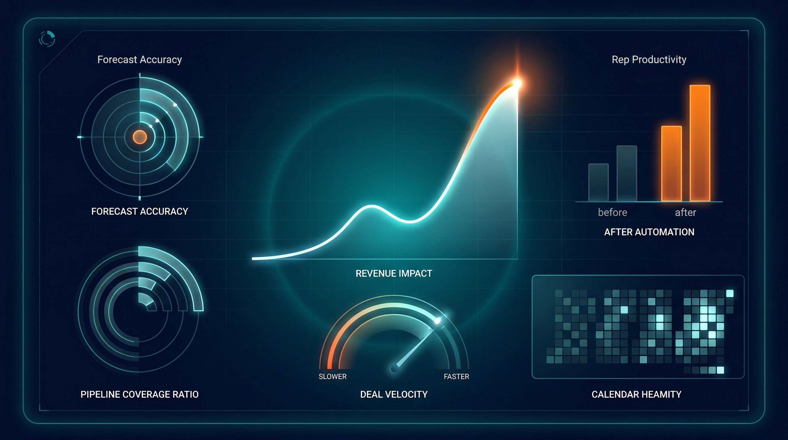 Sales Automation — sales automation ROI dashboard with revenue impact curve and productivity metrics