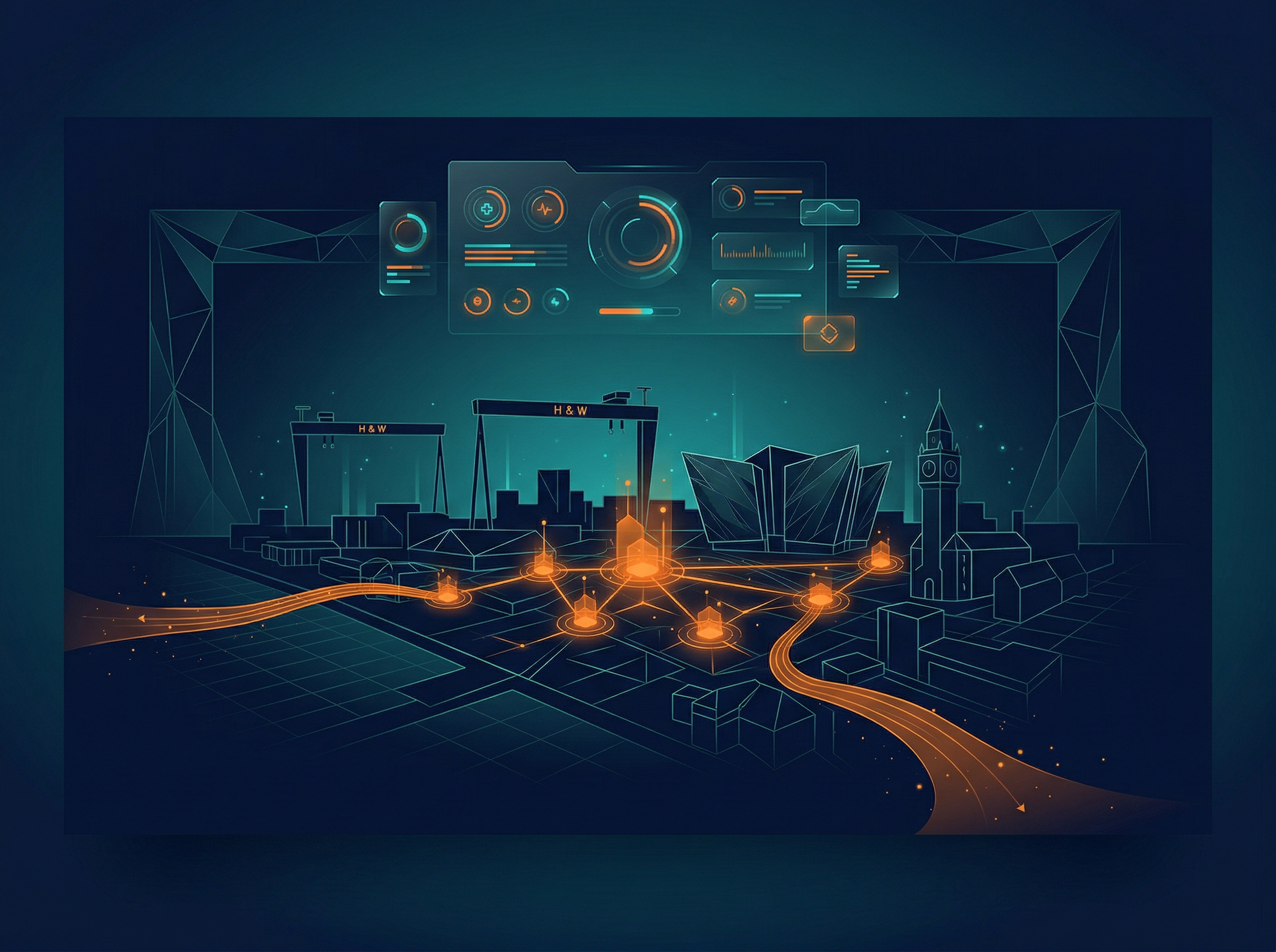 SEO Audit Belfast — stylised Belfast skyline with tech hub nodes and cross-border data streams