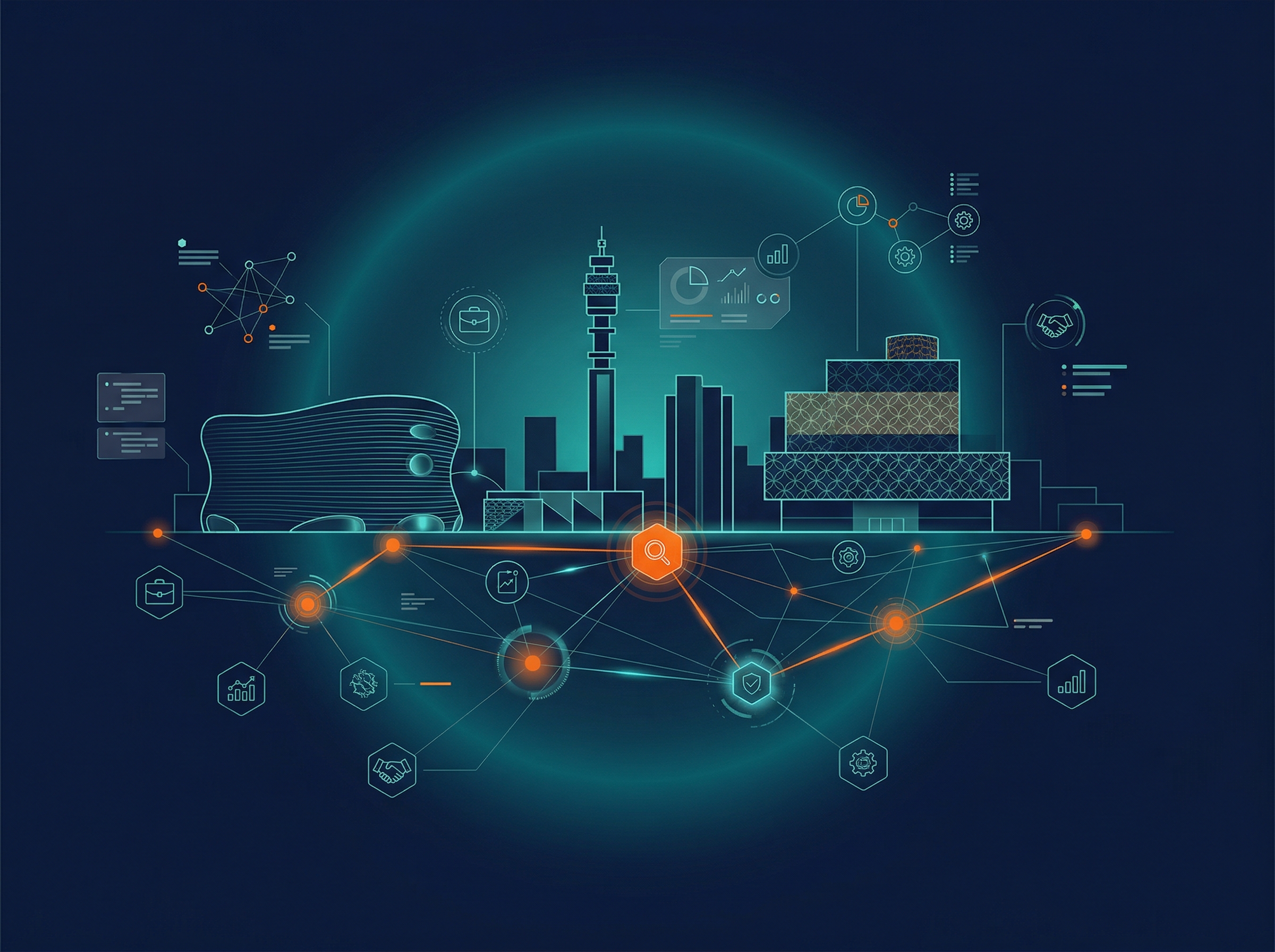 SEO Audit Birmingham — stylised Birmingham skyline with business district network connections