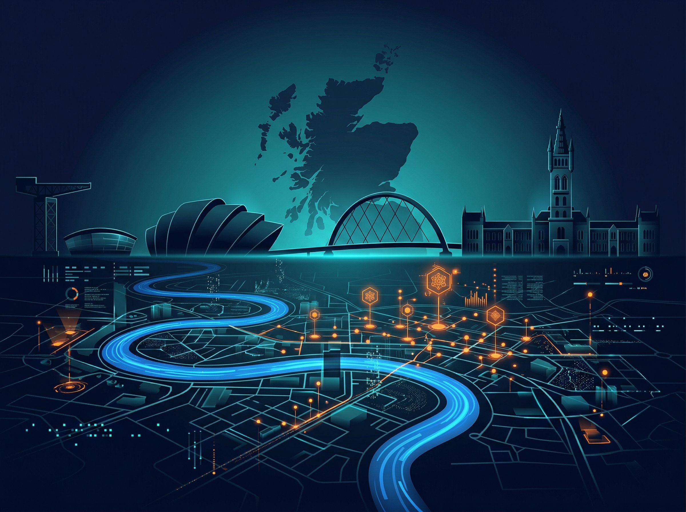 SEO Audit Glasgow — stylised Glasgow skyline with fintech nodes and AI readiness indicators