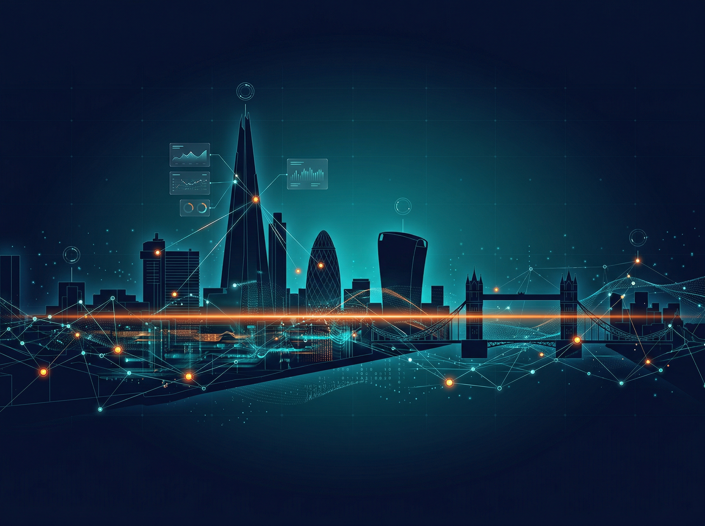 SEO Audit London — stylised London skyline with data visualisation overlay and audit scoring