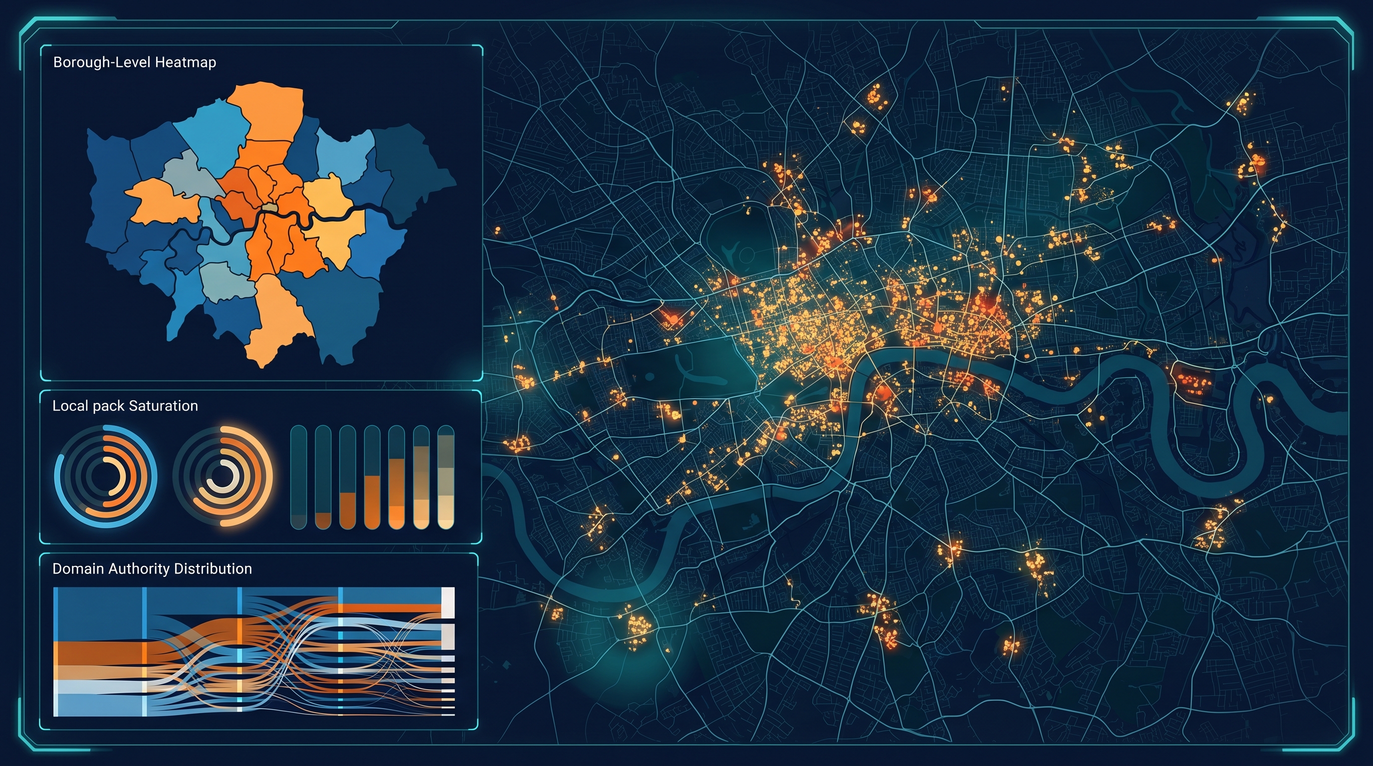 SEO Audit London — local SEO data dashboard with city-level metrics and business location mapping