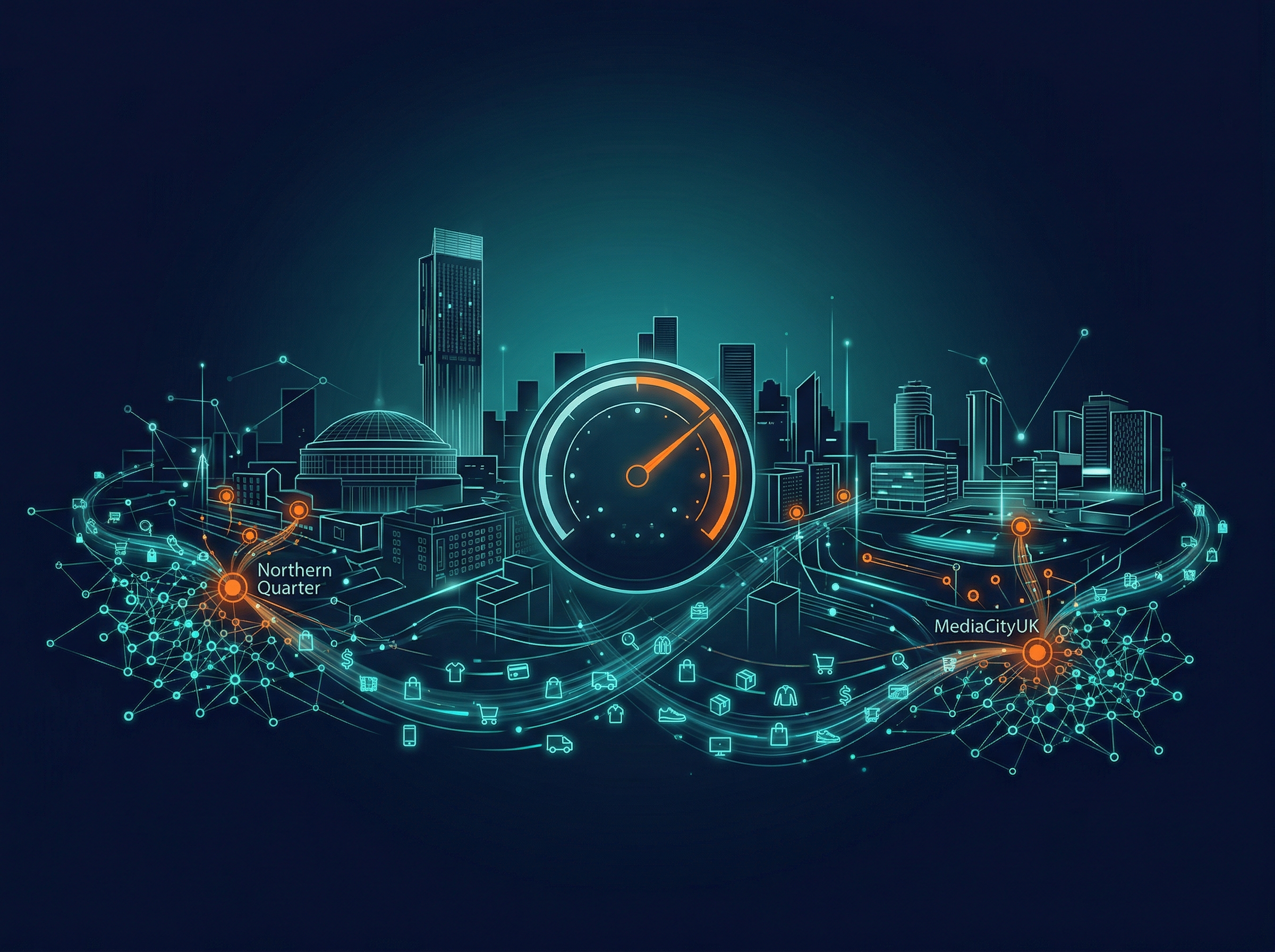 SEO Audit Manchester — stylised Manchester skyline with ecommerce data nodes and audit scoring