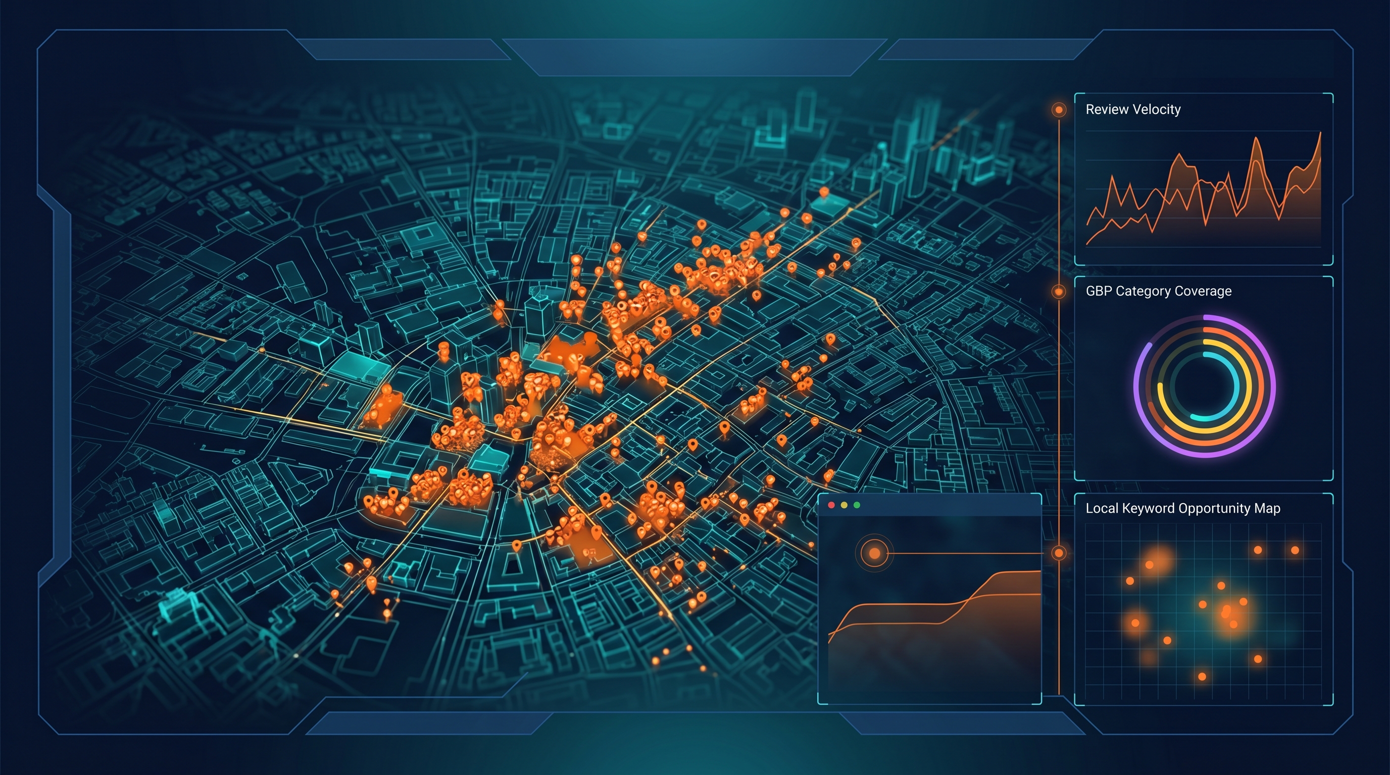 SEO Audit Manchester — local SEO data dashboard with city-level metrics and business location mapping
