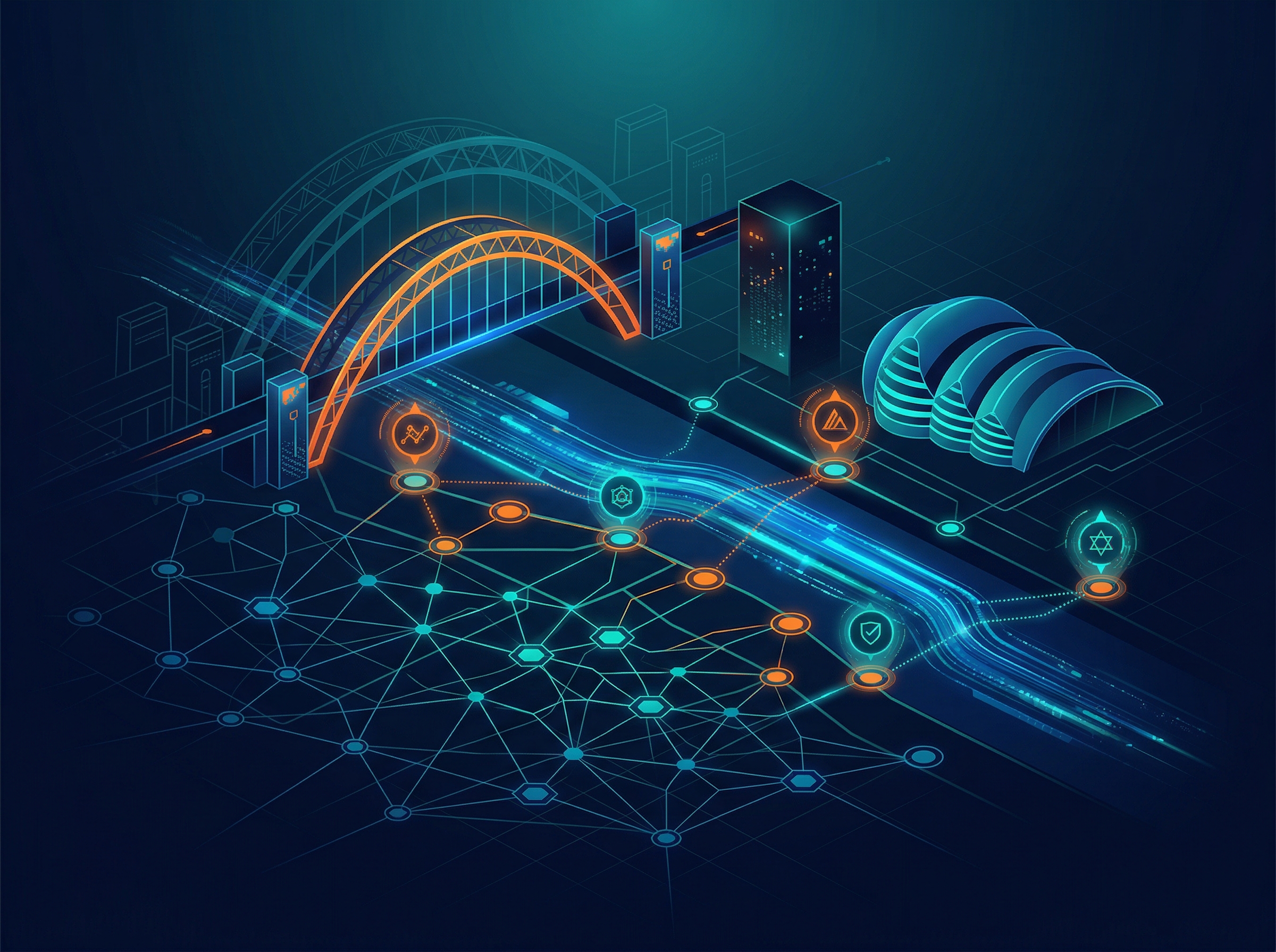 SEO Audit Newcastle — stylised Newcastle skyline with Tyne Bridge and digital community network