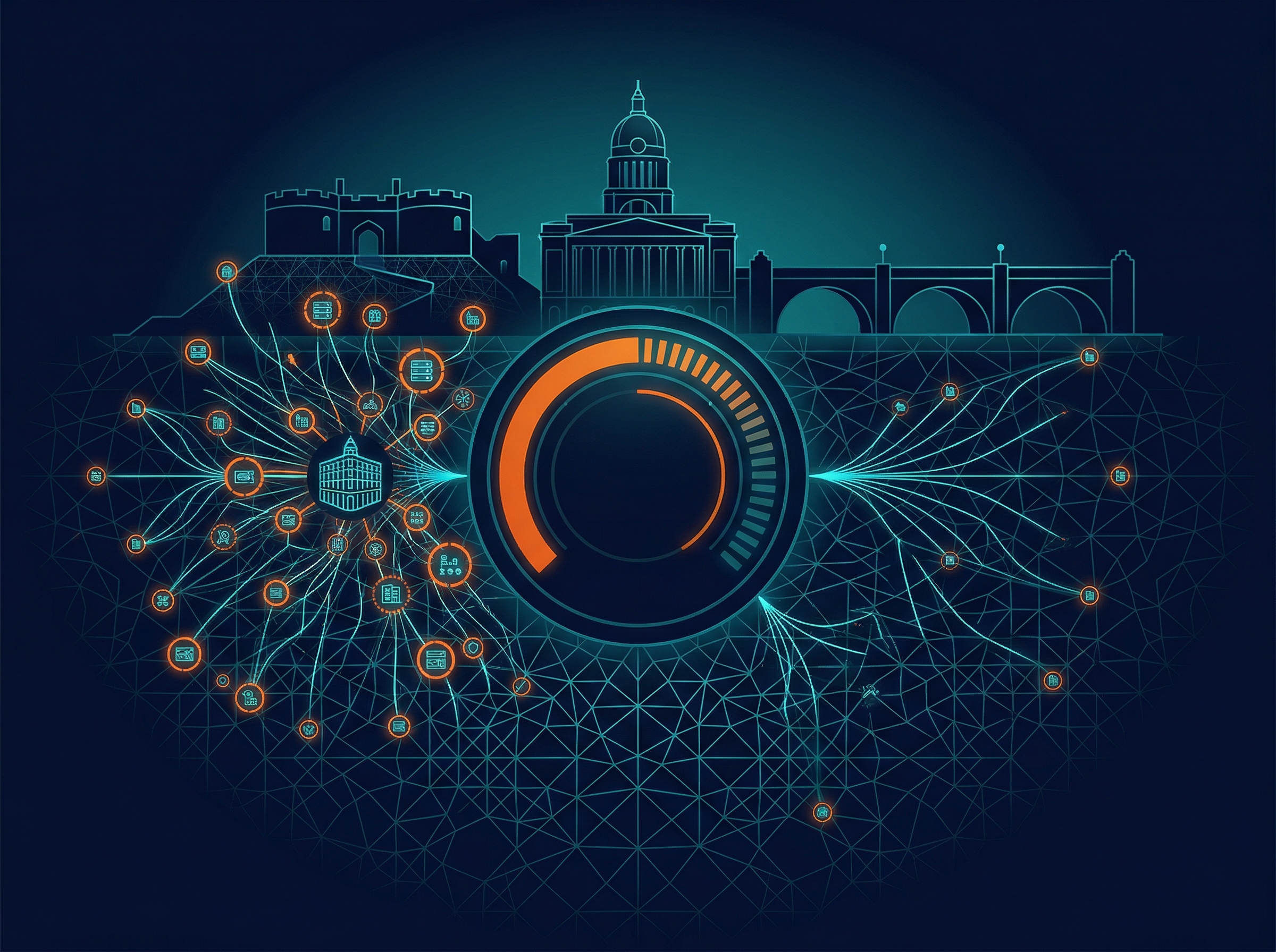 SEO Audit Nottingham — stylised Nottingham cityscape with data heritage nodes and audit scoring