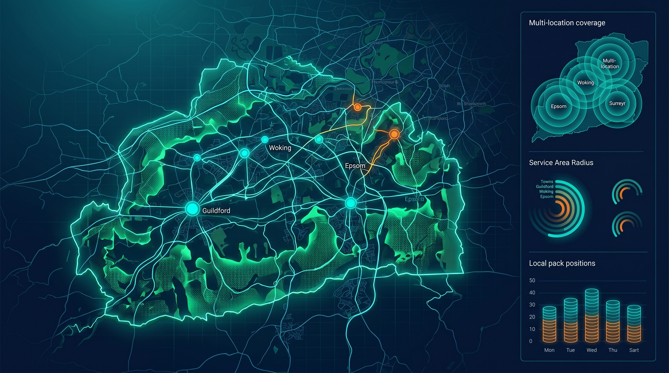 SEO Audit Surrey — local SEO data dashboard with city-level metrics and business location mapping