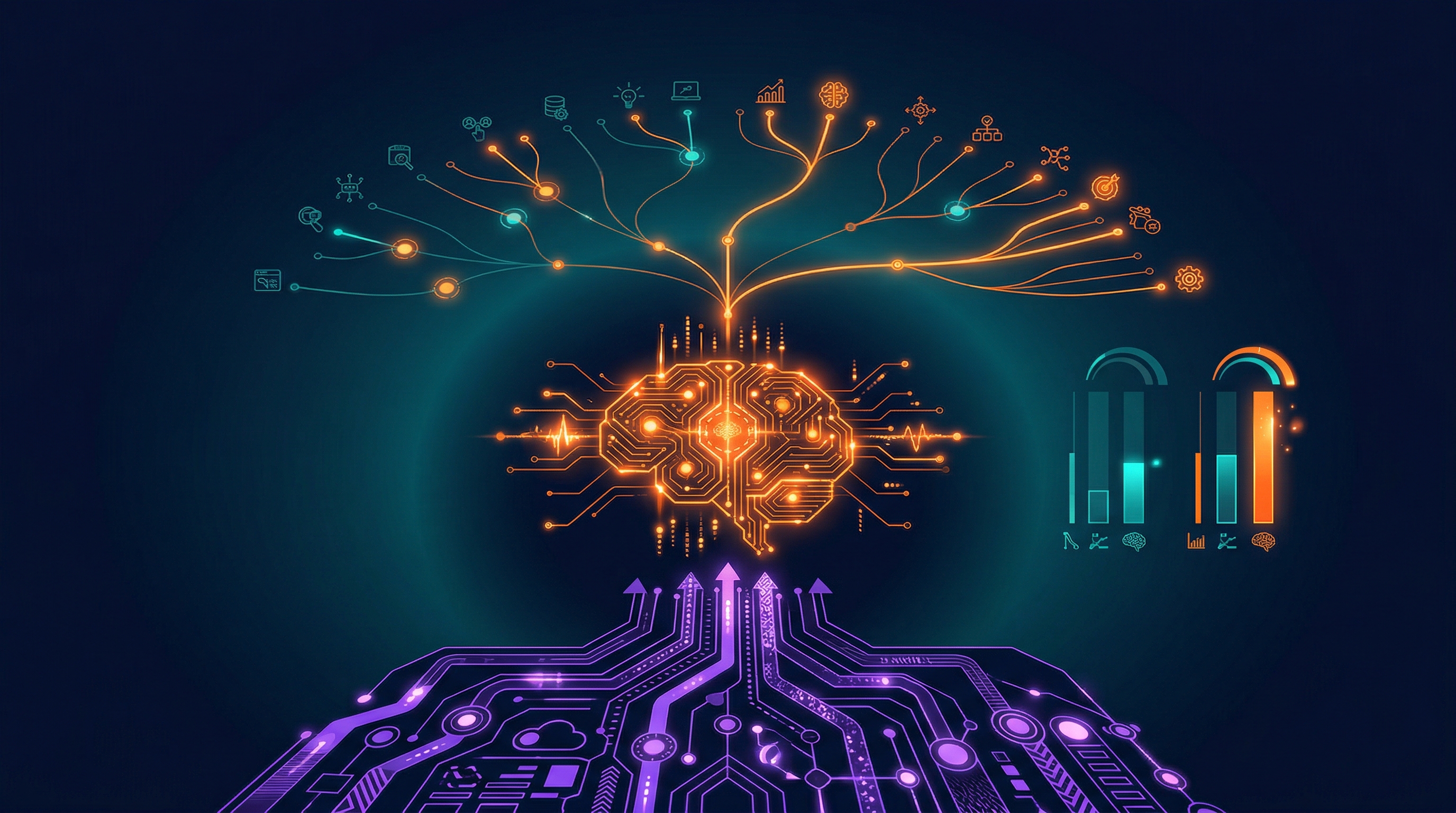 AI Automation — layered system architecture from data input through AI processing to output applications