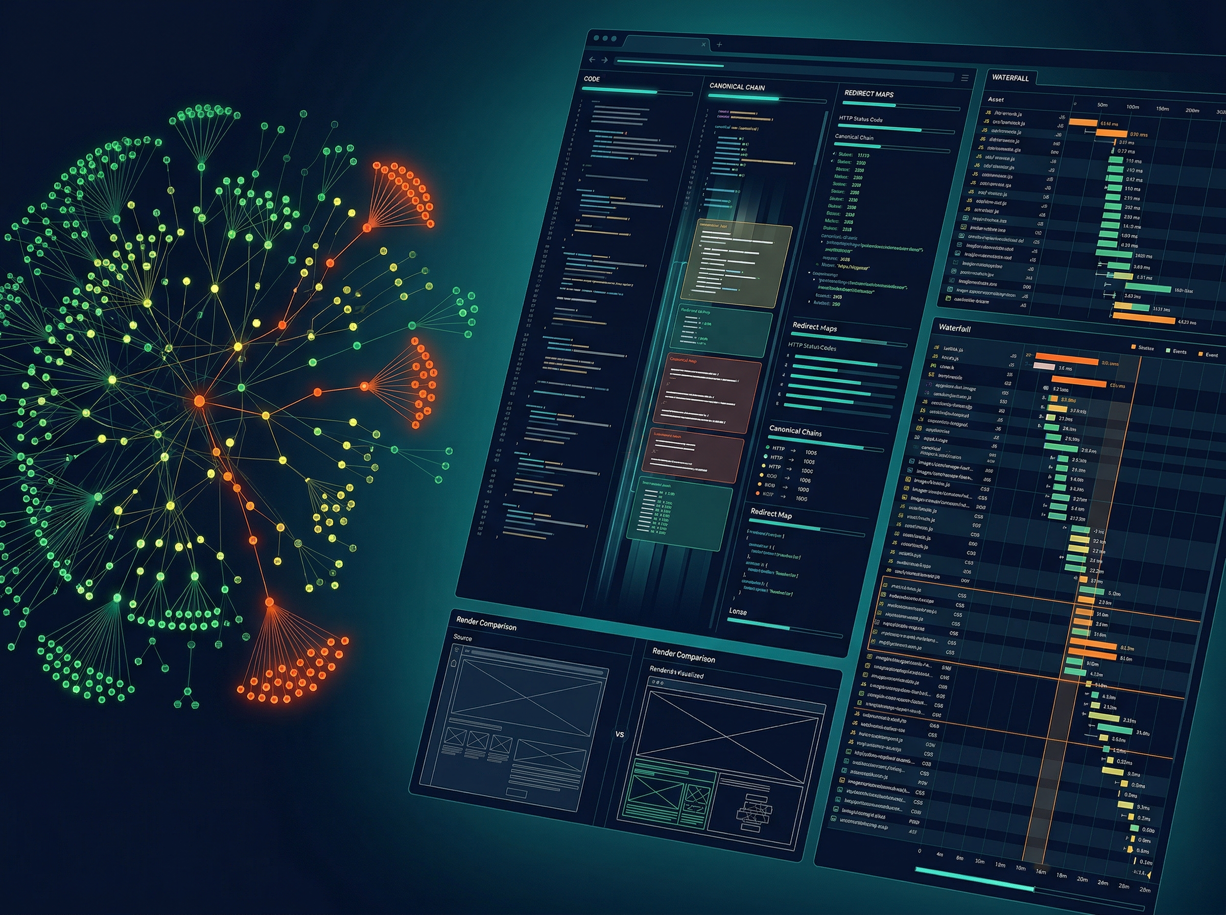 Technical SEO Audit — terminal-style crawl interface with site architecture and performance data