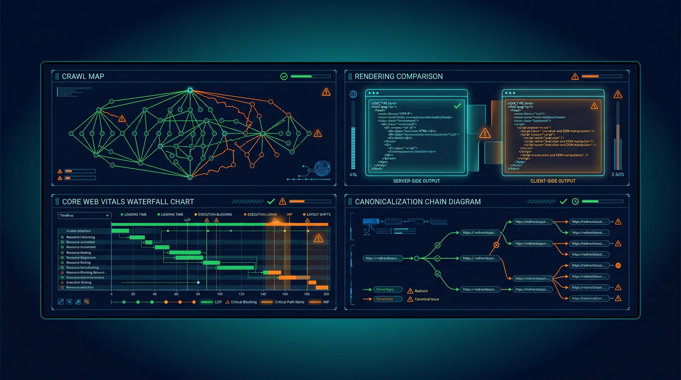 Technical SEO Audit — crawl map, rendering comparison, Core Web Vitals, and canonicalization analysis