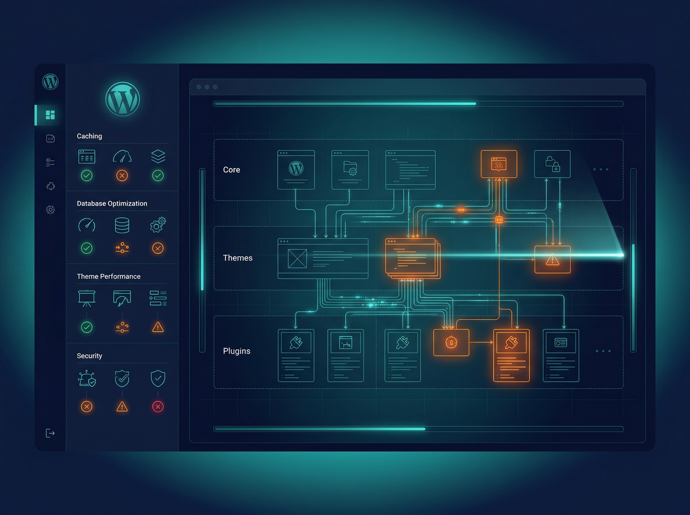 WordPress SEO Audit — WordPress site layers being scanned for plugin conflicts and performance issues