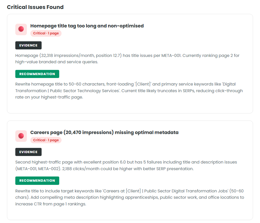 Critical issues from a real audit showing evidence and specific recommendations