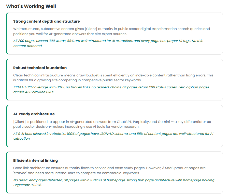 Insight cards from a real audit showing what the site is doing well with evidence