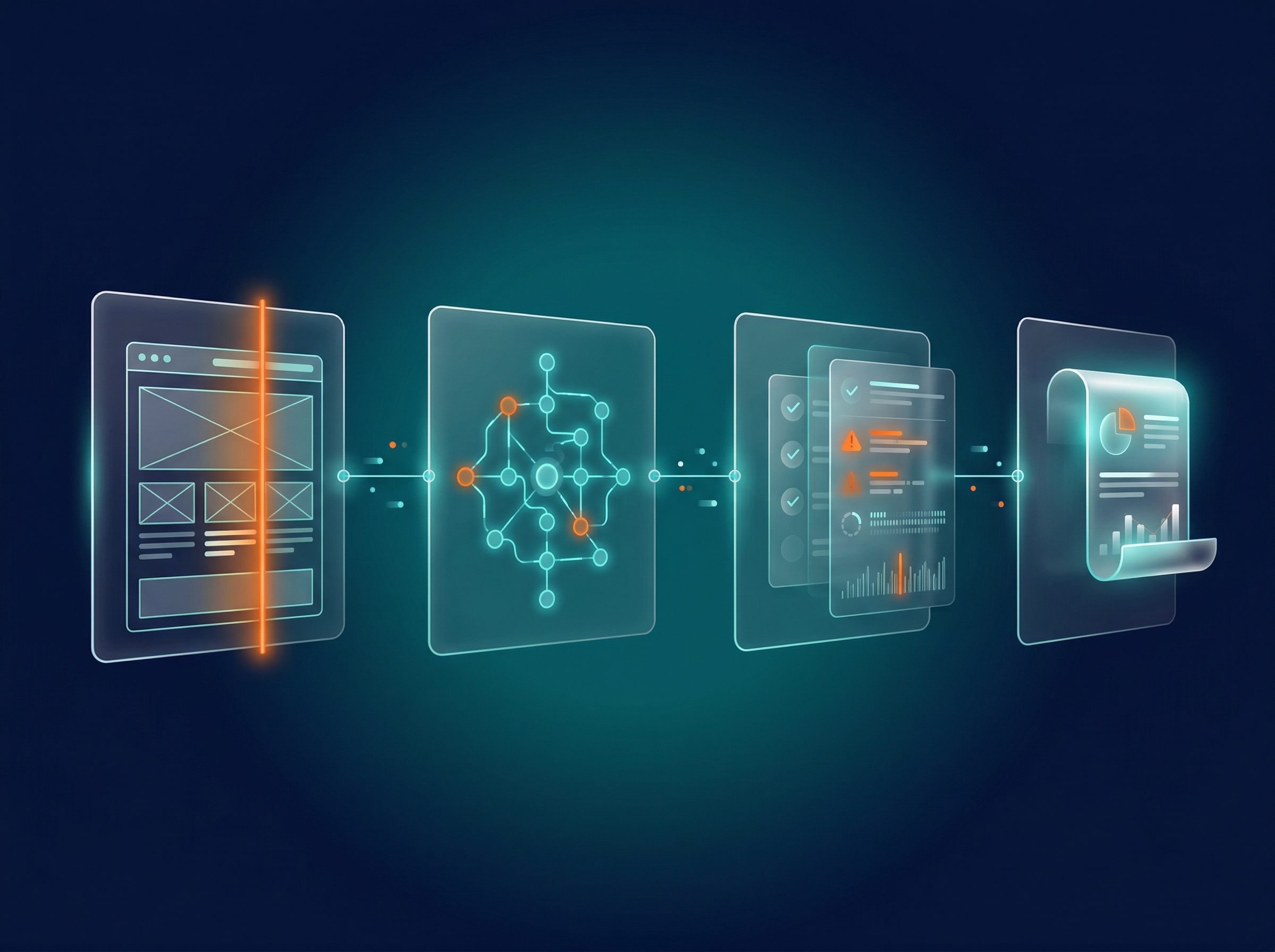 Automated SEO audit pipeline — website scan flowing through architecture analysis, rule checks, and branded report generation